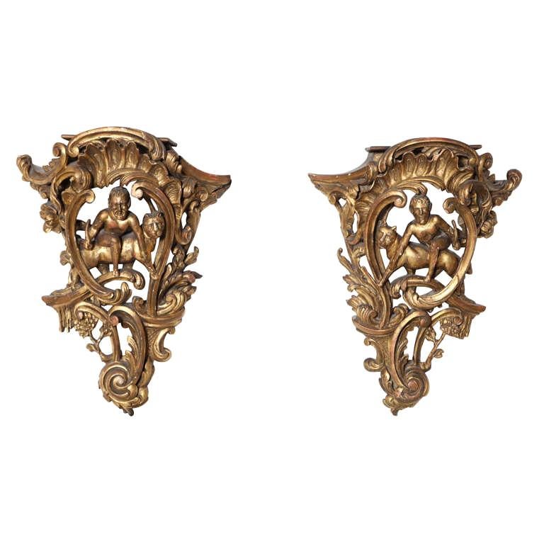 Pair of 19th Century Carved Giltwood Brackets For Sale