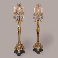Pair of 19th Century Carved Giltwood Torchères with Crystal Candelabra