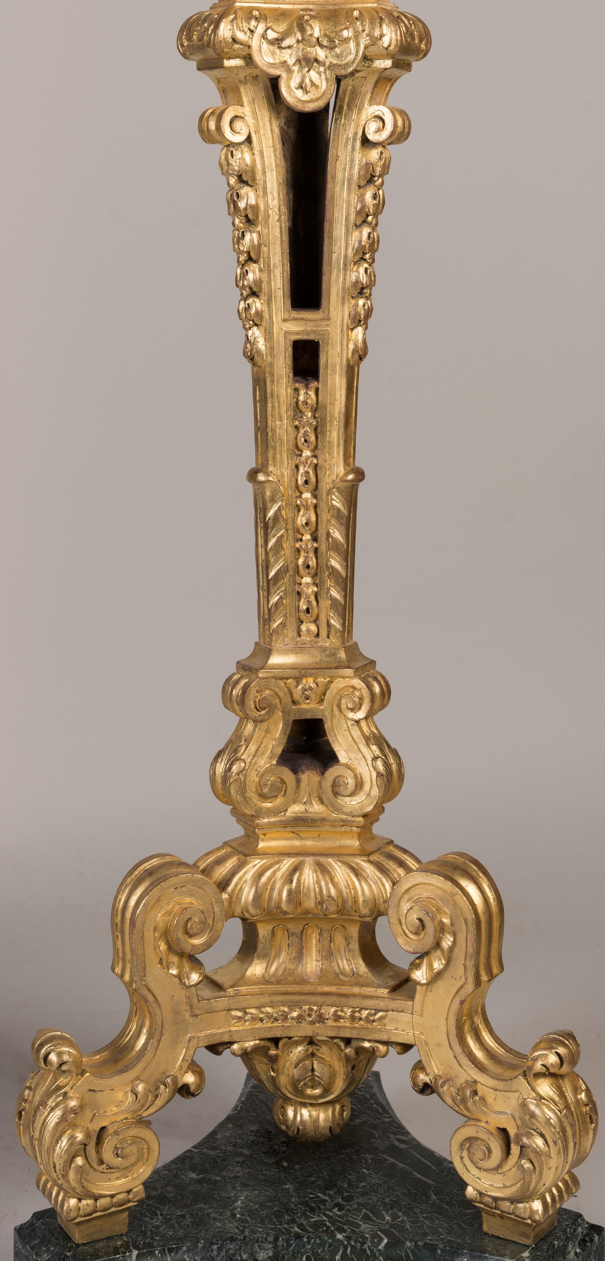 Baroque Revival Pair of 19th Century Carved Giltwood Torchères with Crystal Candelabra For Sale