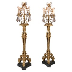 Pair of 19th Century Carved Giltwood Torchères with Crystal Candelabra