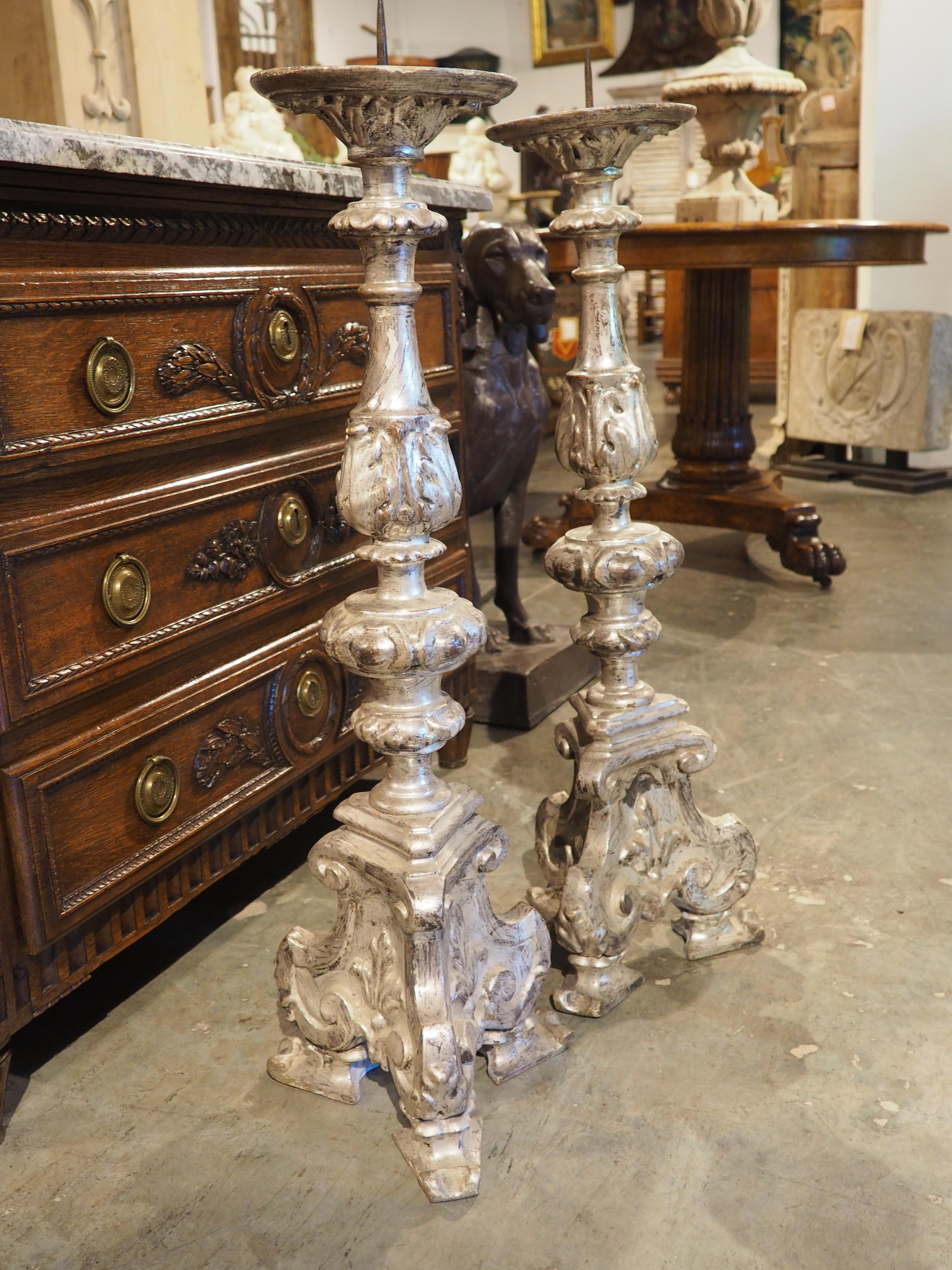 Pair of 19th Century Carved Italian Silverleaf Candlesticks For Sale 13