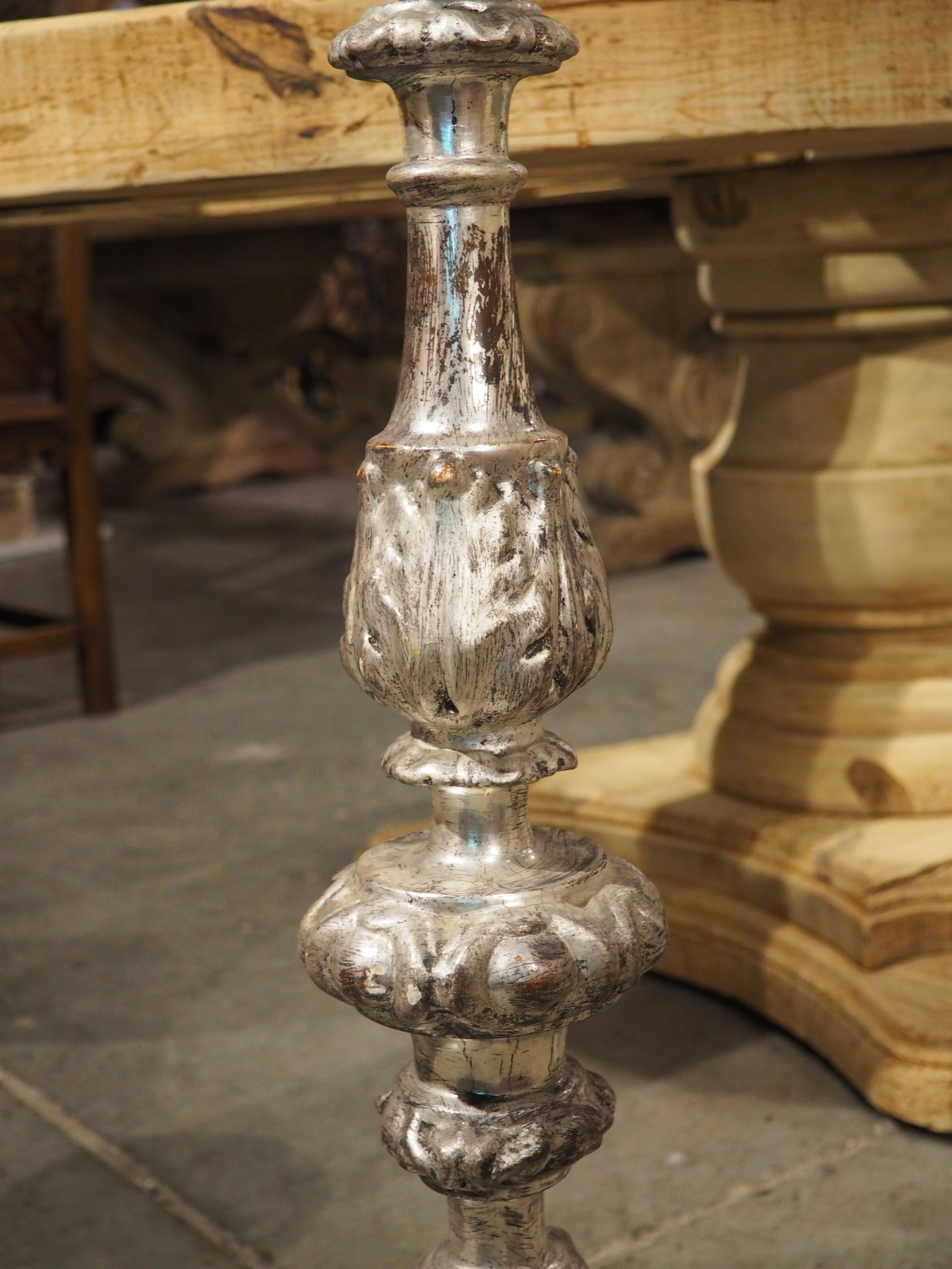 Pair of 19th Century Carved Italian Silverleaf Candlesticks In Good Condition For Sale In Dallas, TX