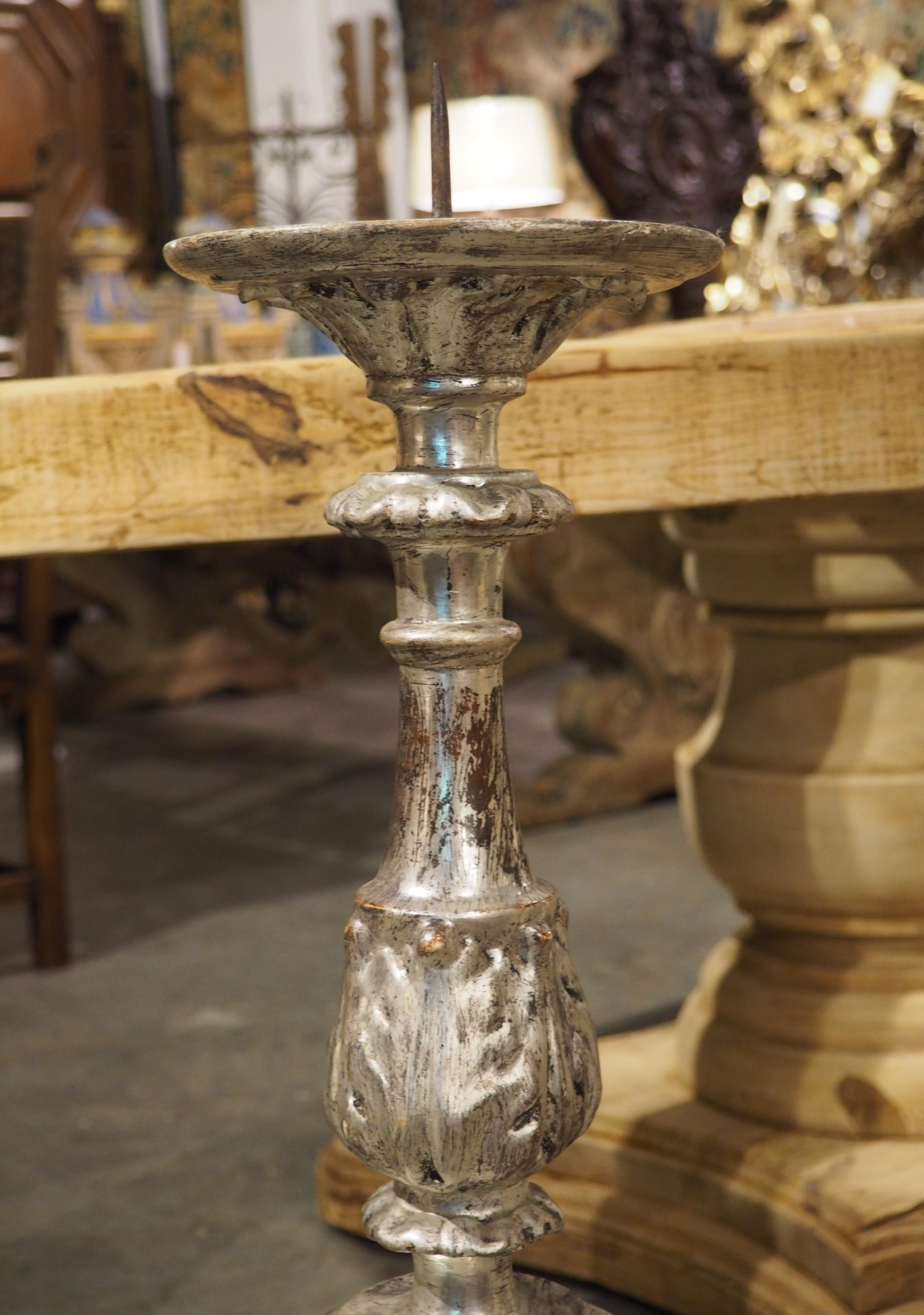 Metal Pair of 19th Century Carved Italian Silverleaf Candlesticks For Sale