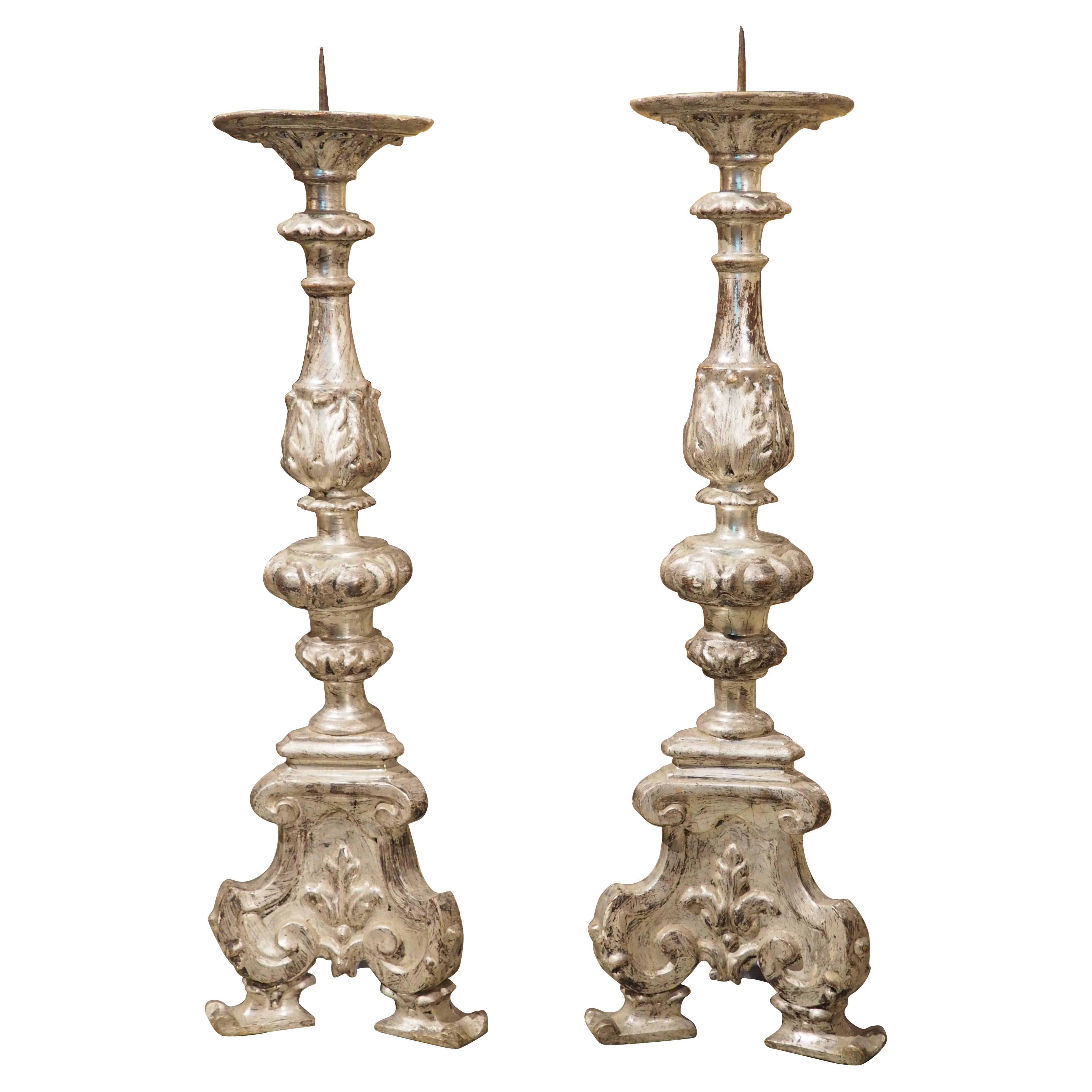 Pair of 19th Century Carved Italian Silverleaf Candlesticks For Sale