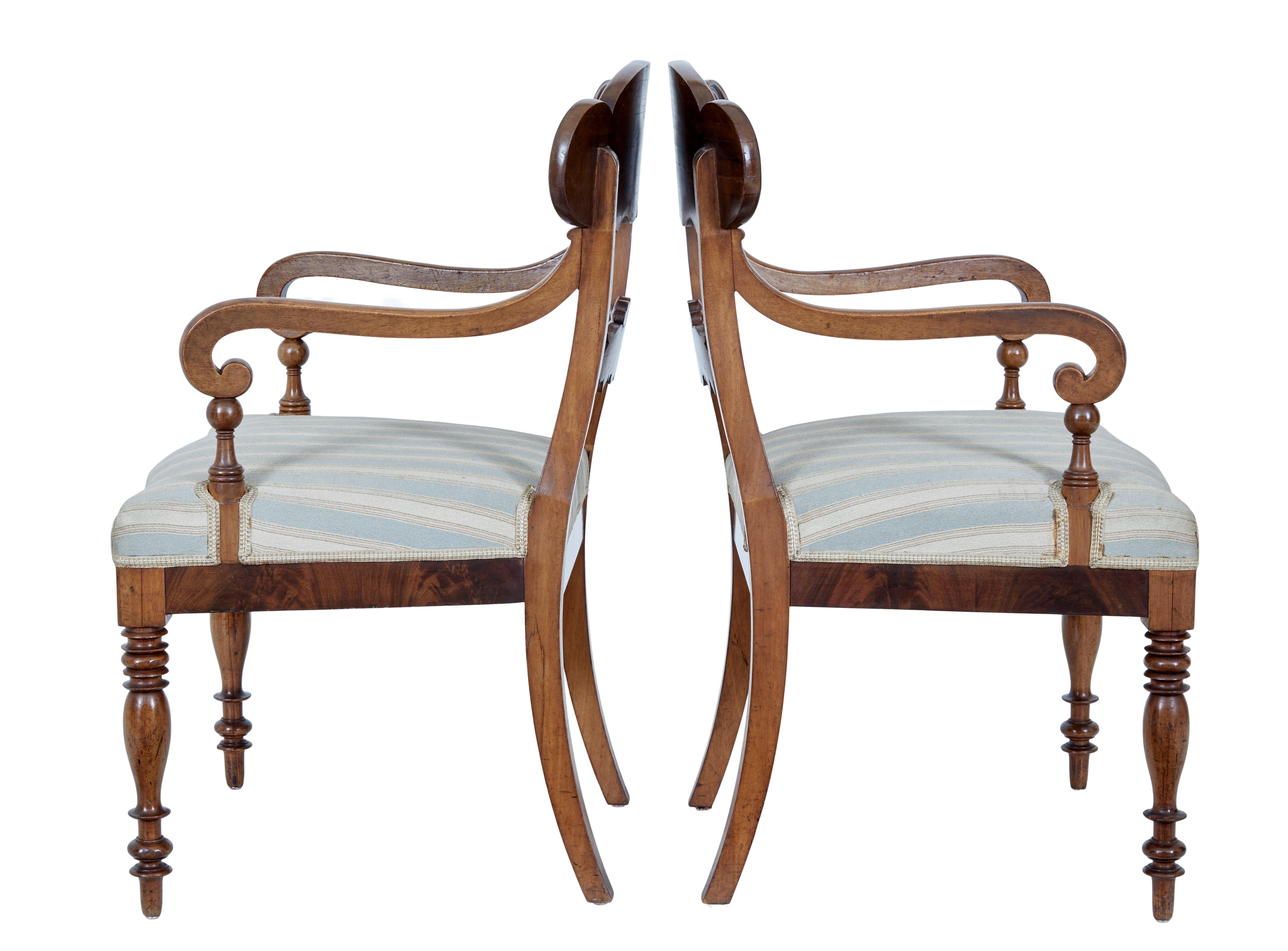 Pair of 19th century carved mahogany armchairs circa 1890.

Good quality pair of empire revival armchairs from Sweden. Shaped back rest veneered in flame mahogany with carved acanthus leaf detailing, further carved lower back support. Scrolling