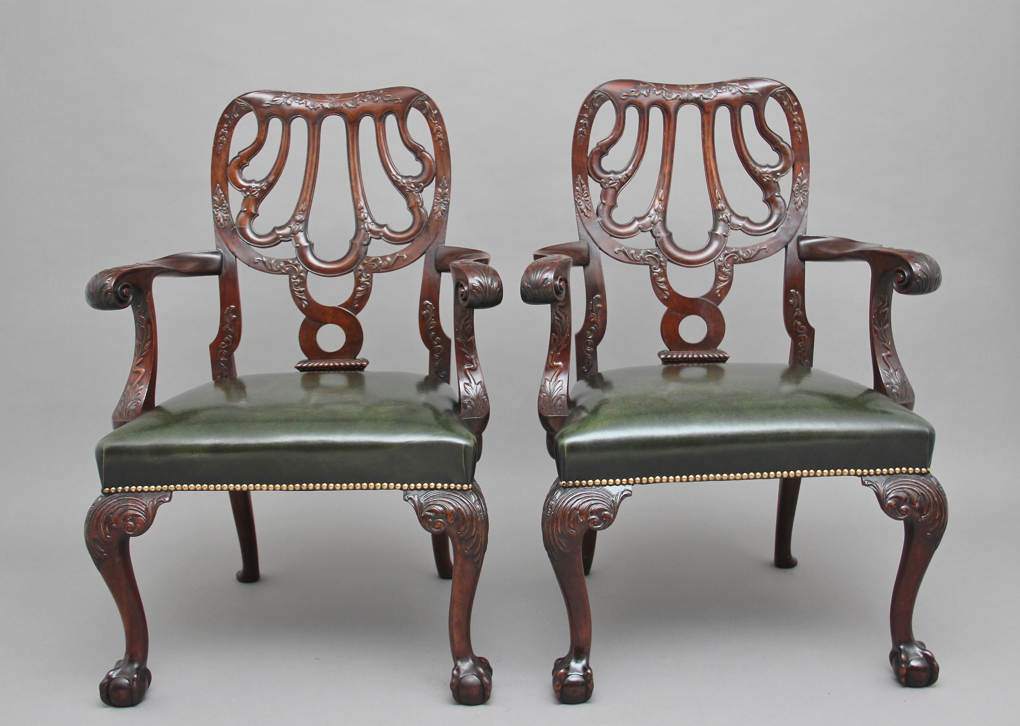 Victorian Pair of 19th Century carved mahogany armchairs in the Chippendale style