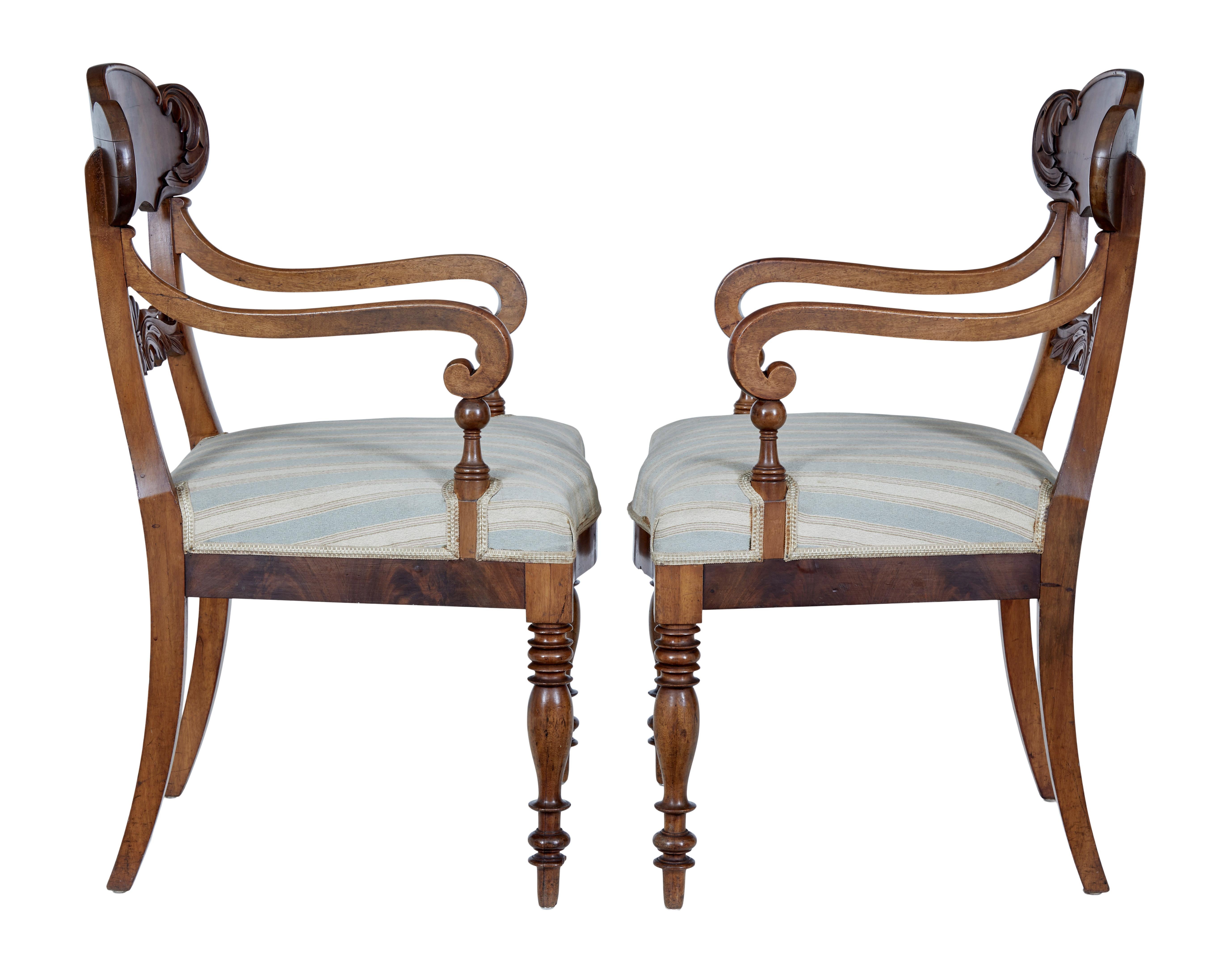 Empire Revival Pair of 19th Century Carved Mahogany Armchairs