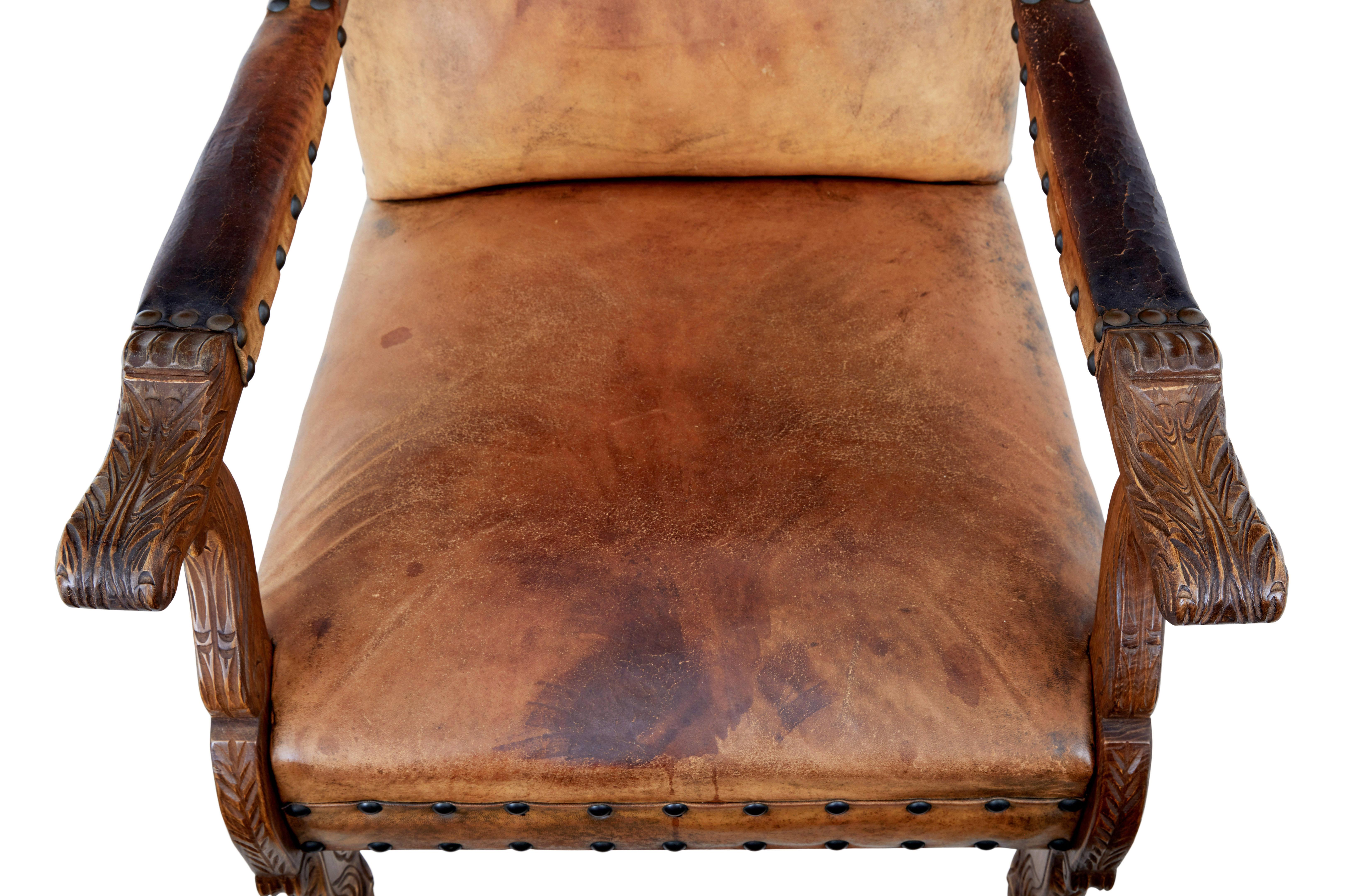 Pair of 19th century oak and leather armchairs circa 1890.

Good quality pair of show frame wing back armchairs.  Complete with original brown leather which still shows traces of an embossed pattern on the back rest.

Art nouveau feel to the carved
