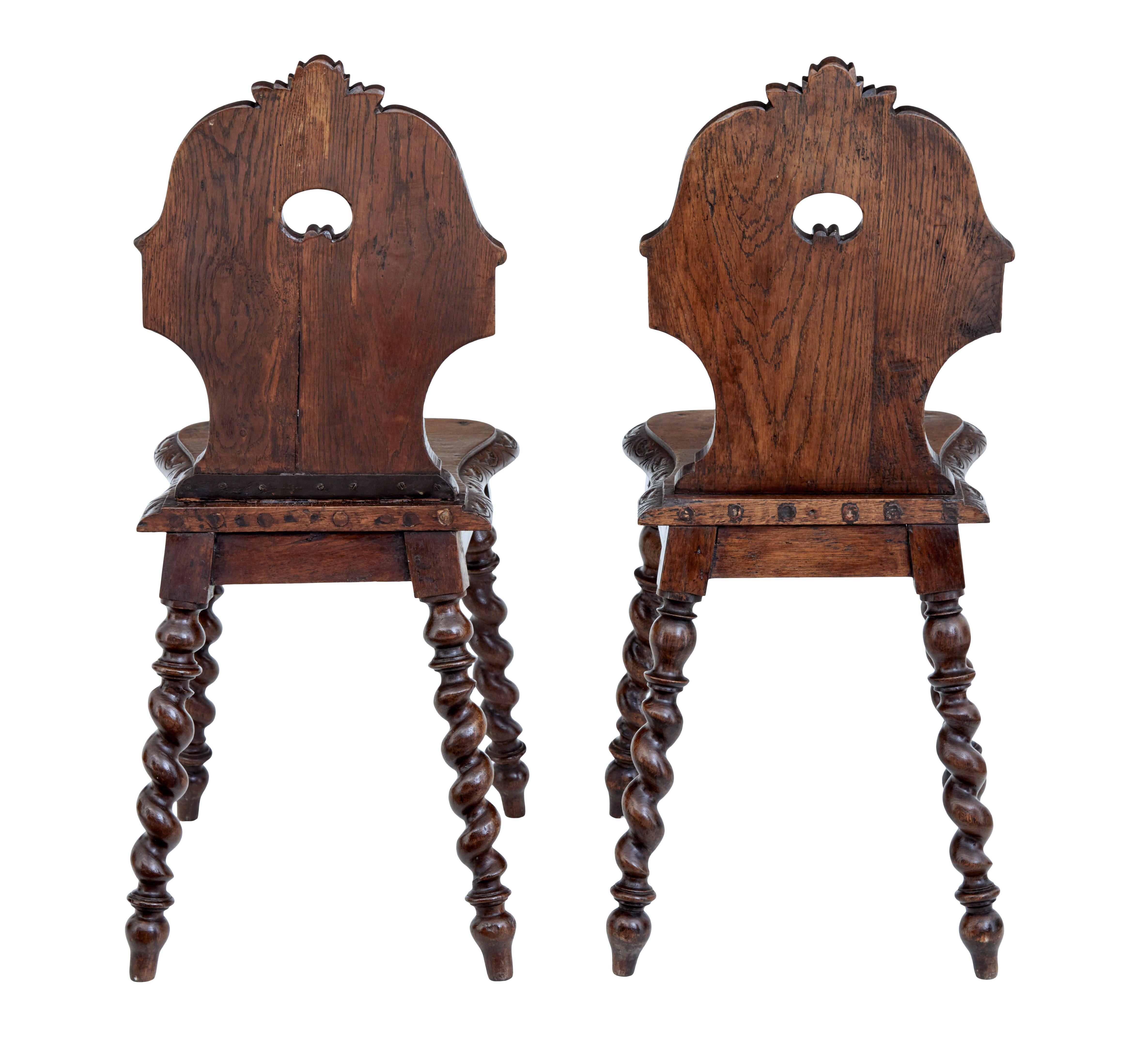 Victorian Pair of 19th Century Carved Oak Hall Chairs