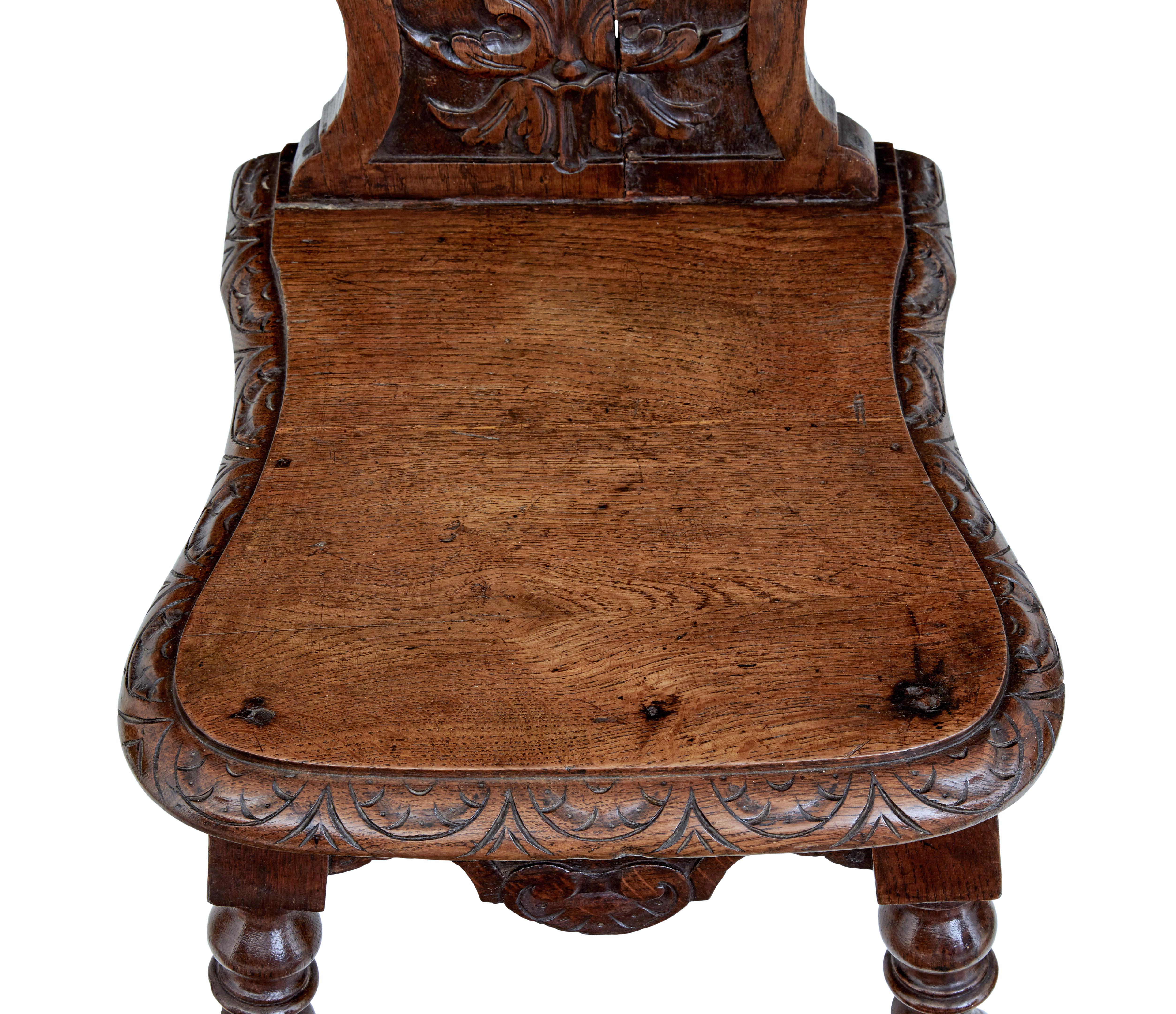 Pair of 19th Century Carved Oak Hall Chairs In Good Condition In Debenham, Suffolk