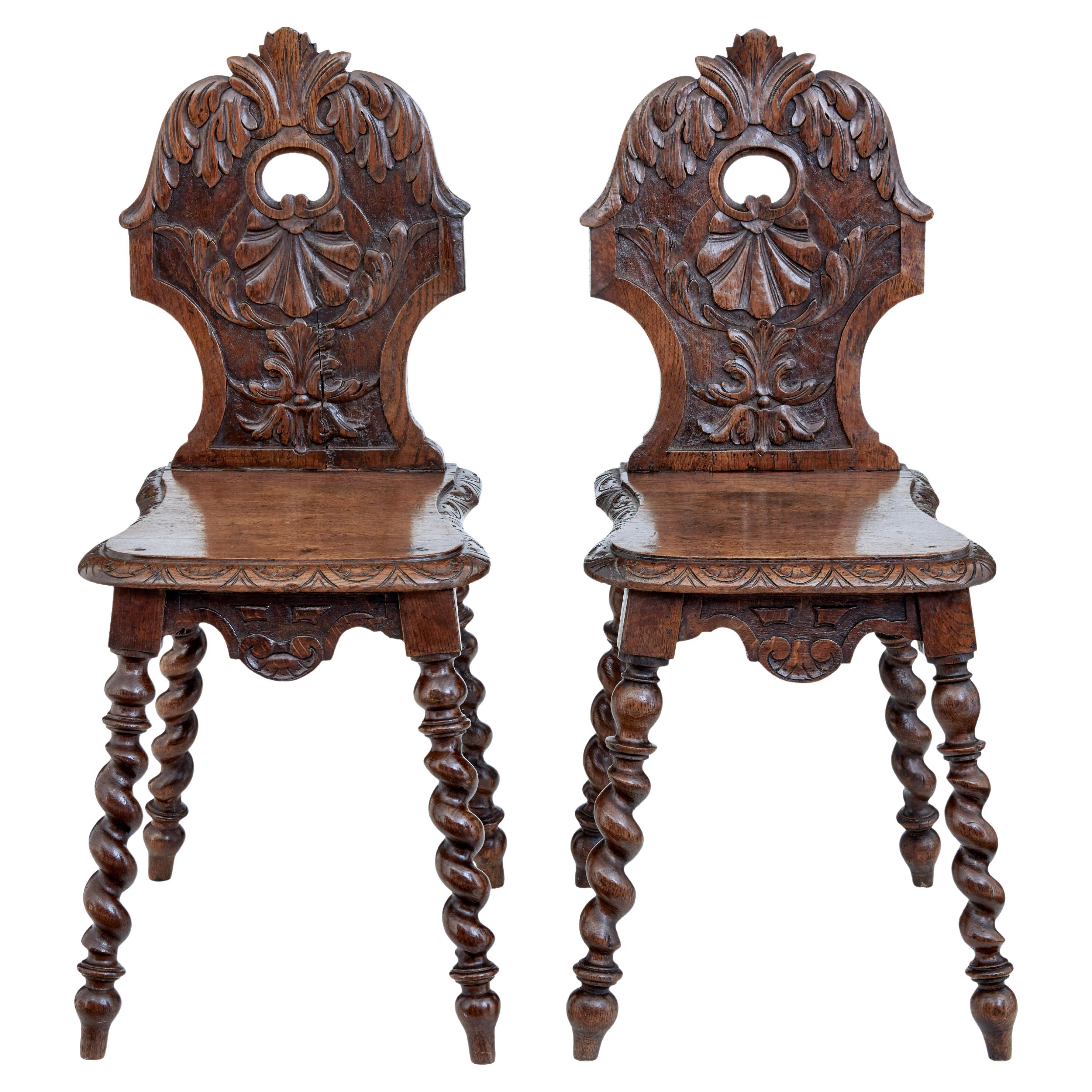 Pair of 19th Century Carved Oak Hall Chairs