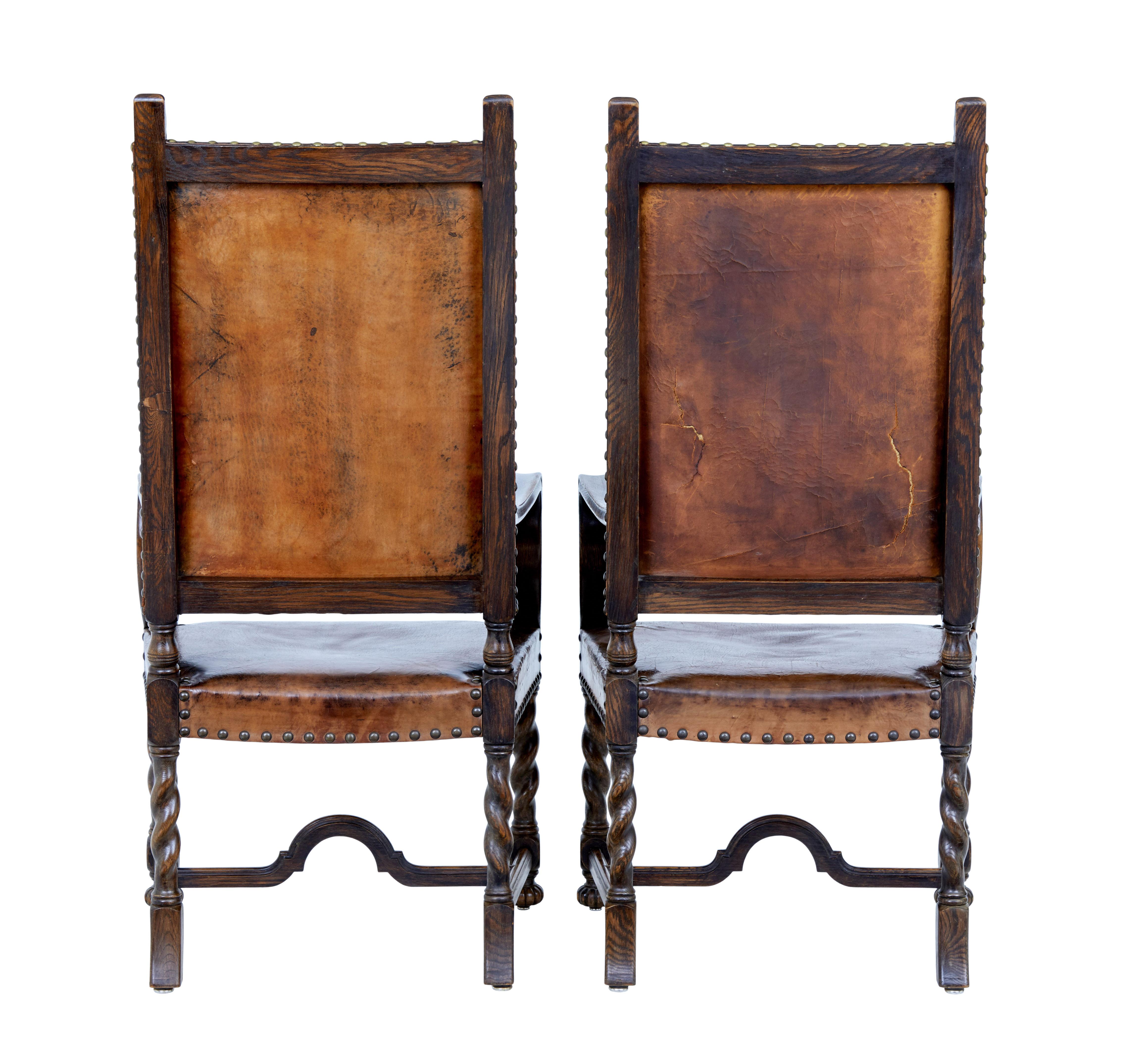Late Victorian Pair of 19th Century Carved Oak Leather Armchairs