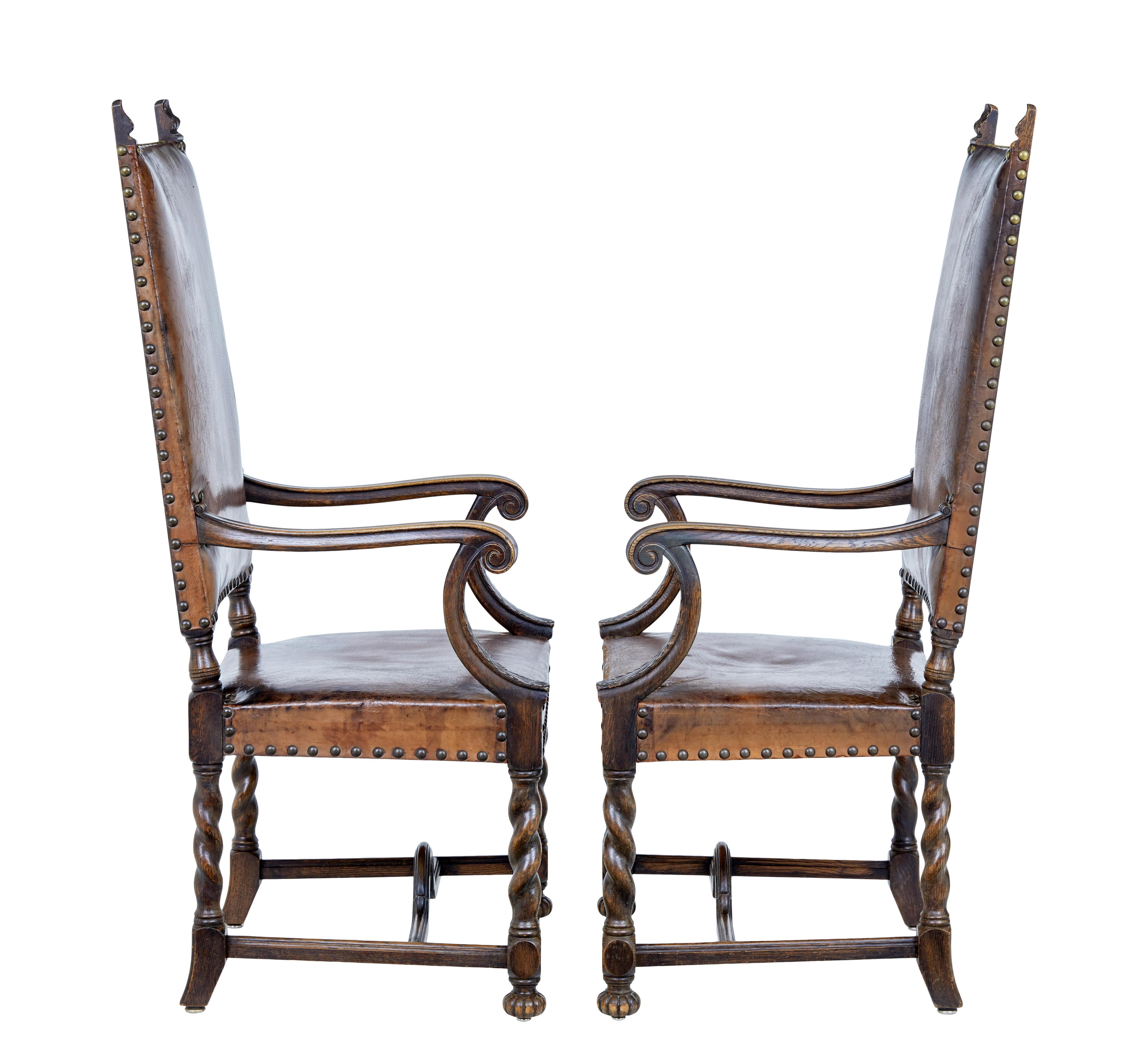 Swedish Pair of 19th Century Carved Oak Leather Armchairs