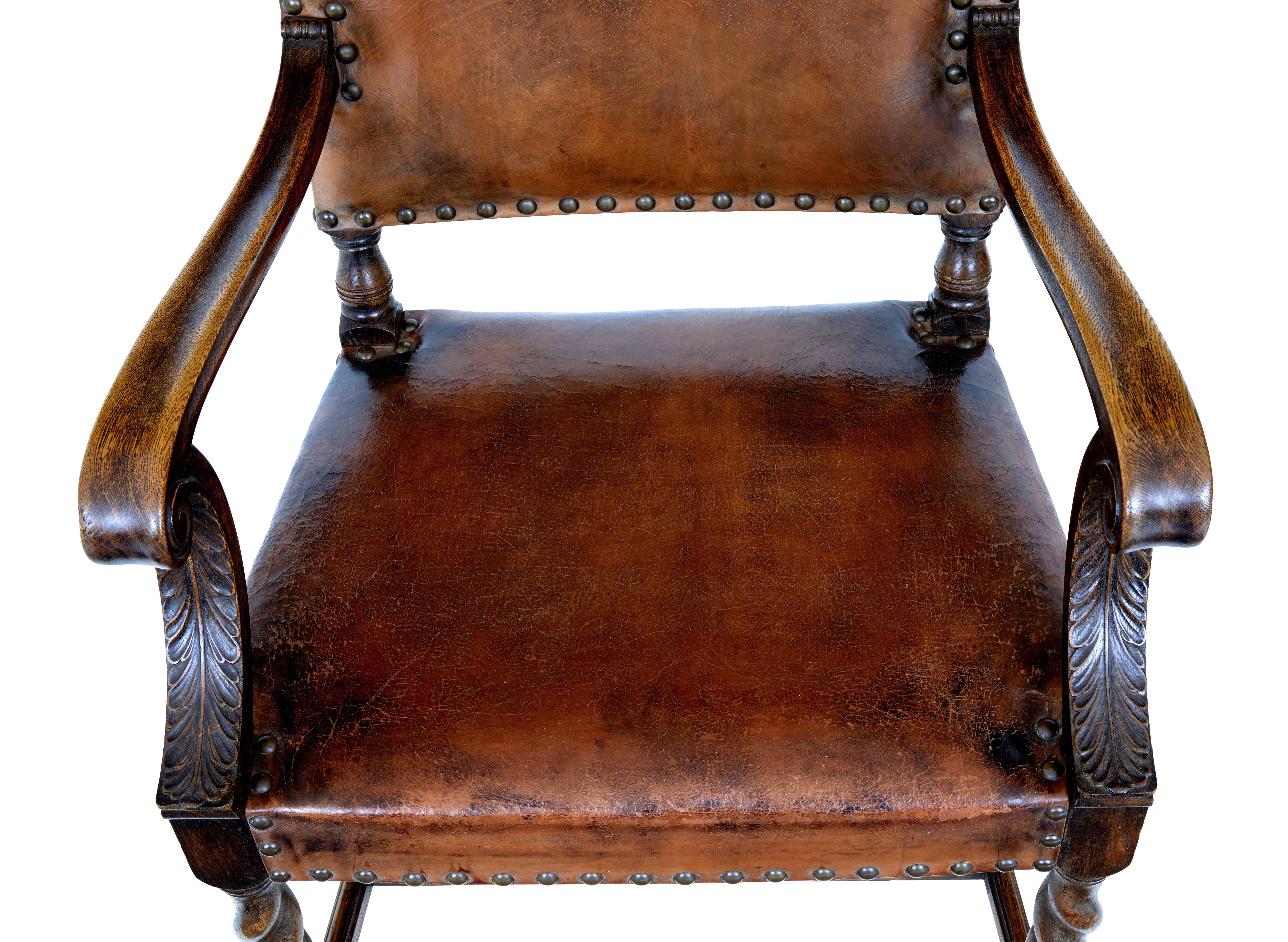 Pair of 19th Century Carved Oak Leather Armchairs In Fair Condition In Debenham, Suffolk