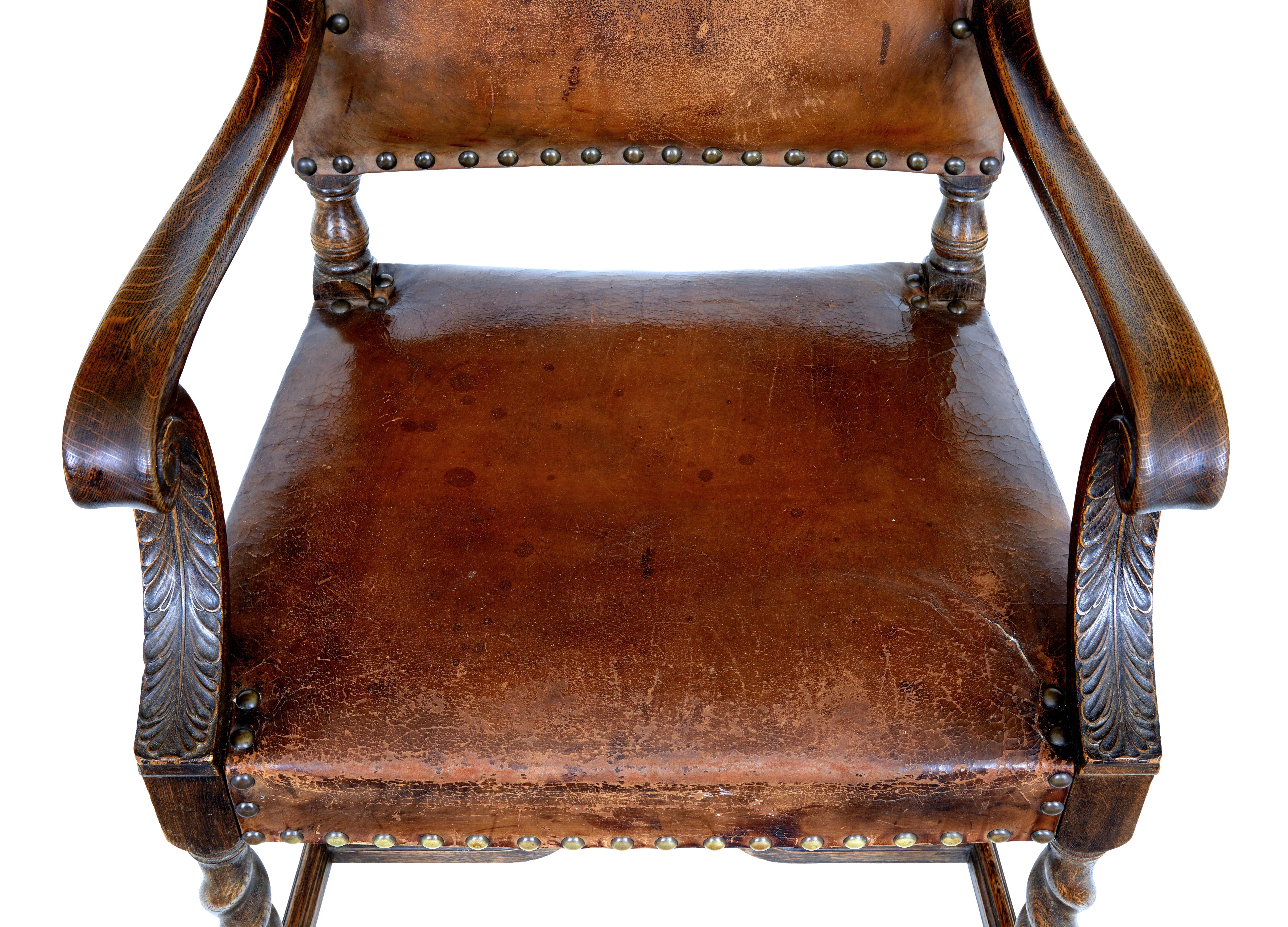 Pair of 19th Century Carved Oak Leather Armchairs 1