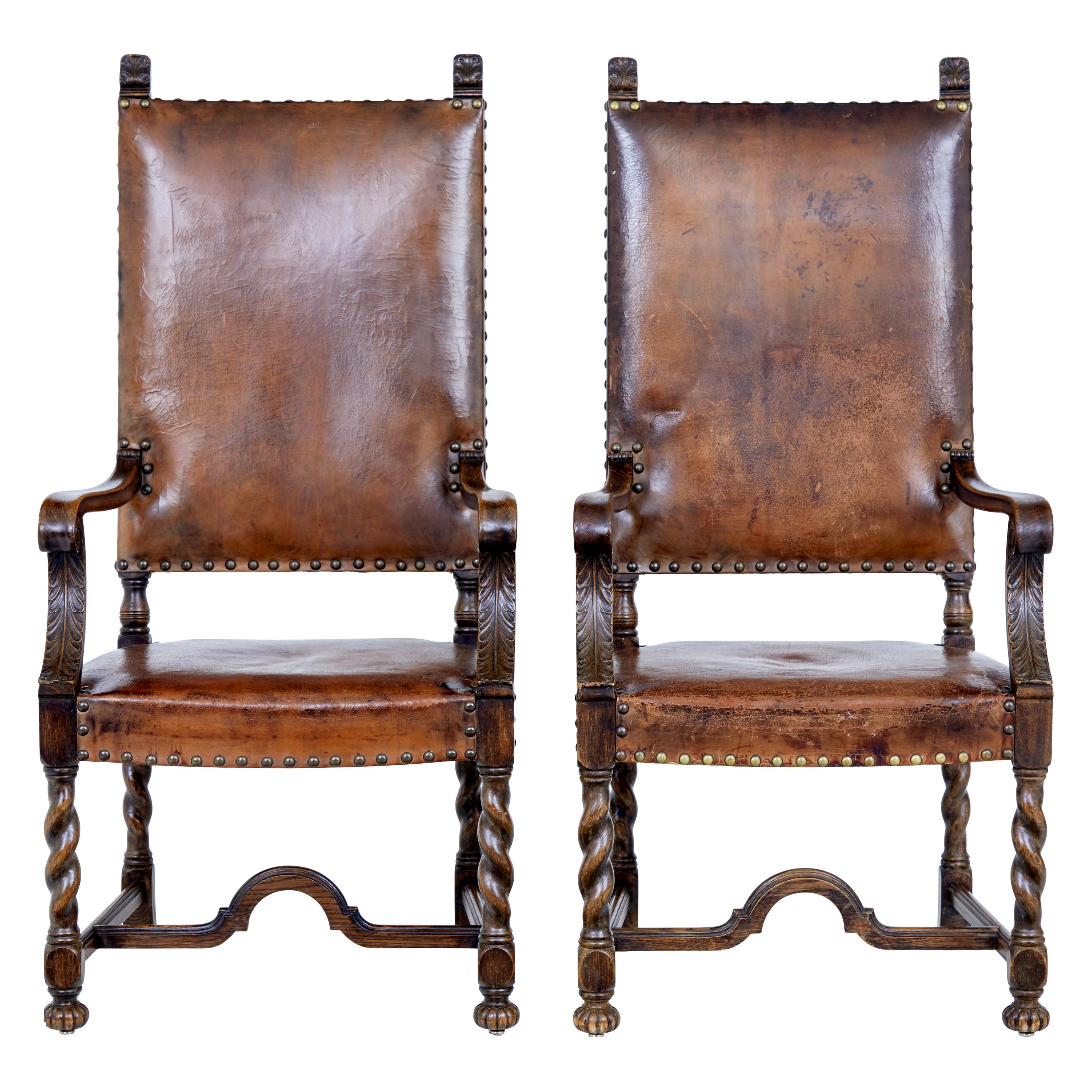 Pair of 19th Century Carved Oak Leather Armchairs at 1stDibs