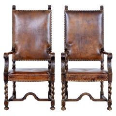 Pair of 19th Century Carved Oak Leather Armchairs