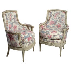 Pair of 19th Century Carved Painted Louis XVI Style Bergeres