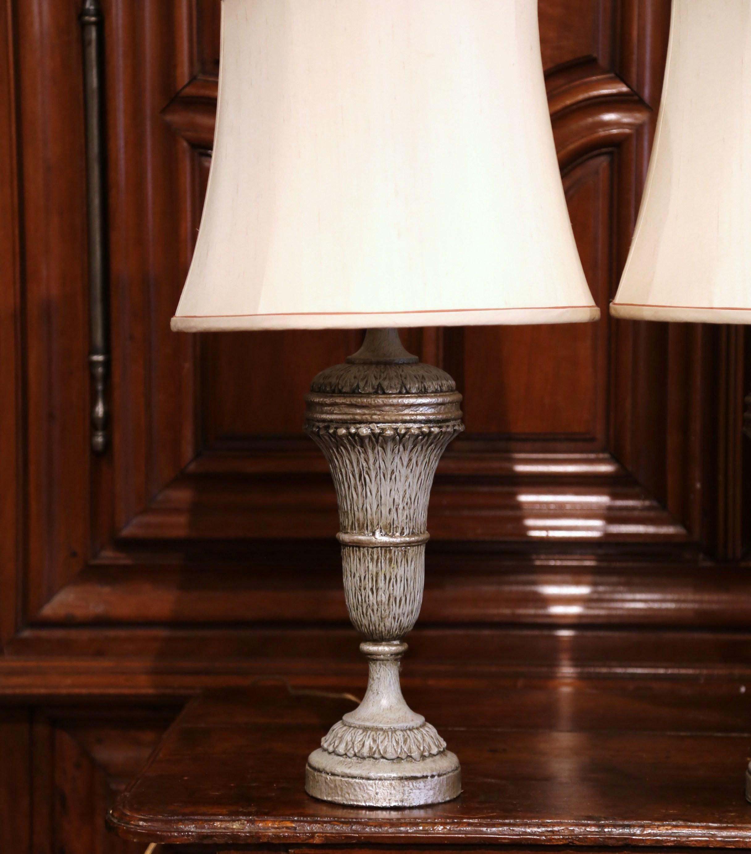 French Pair of 19th Century Carved Painted Table Lamps with Custom Shades