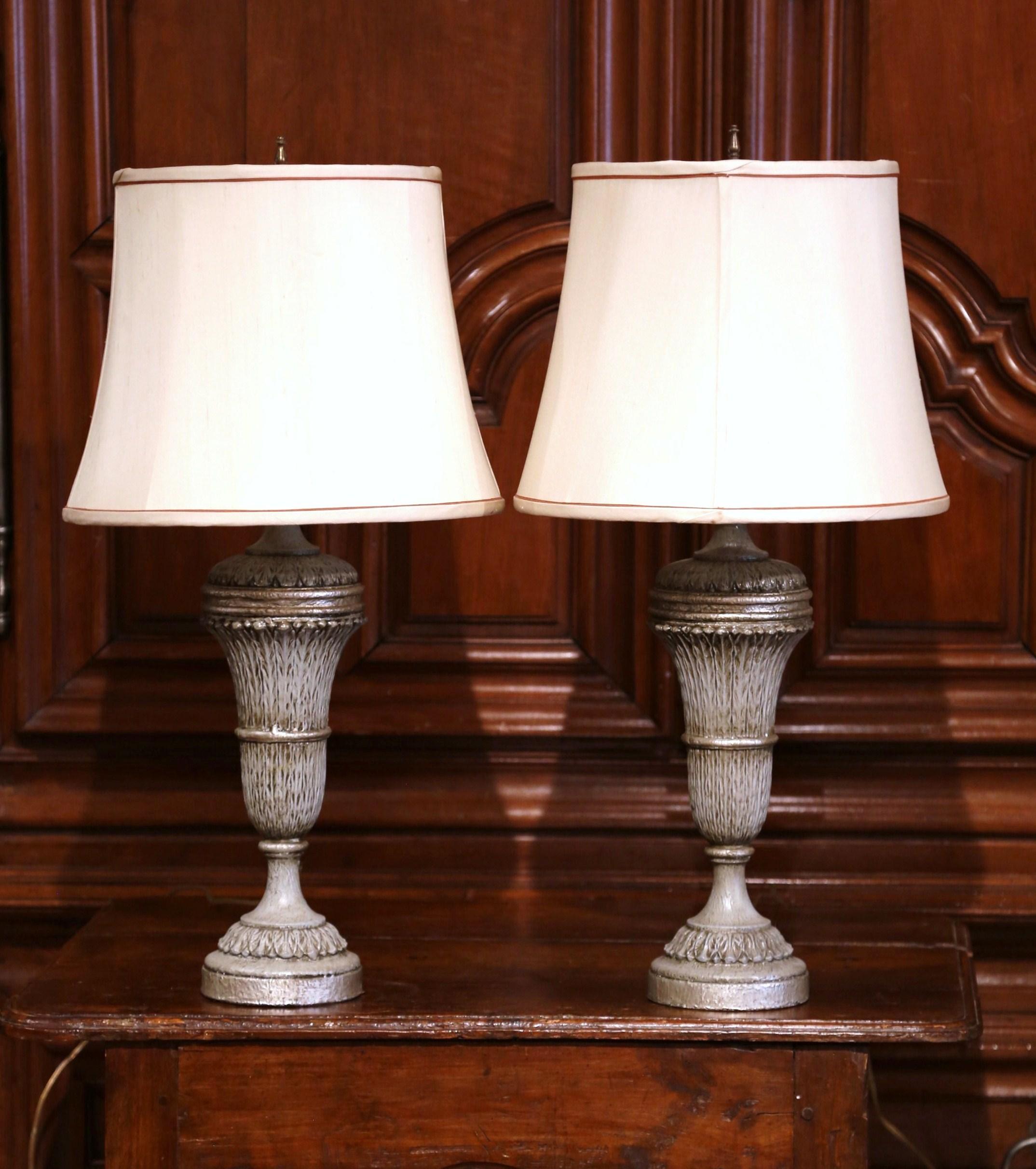 Patinated Pair of 19th Century Carved Painted Table Lamps with Custom Shades