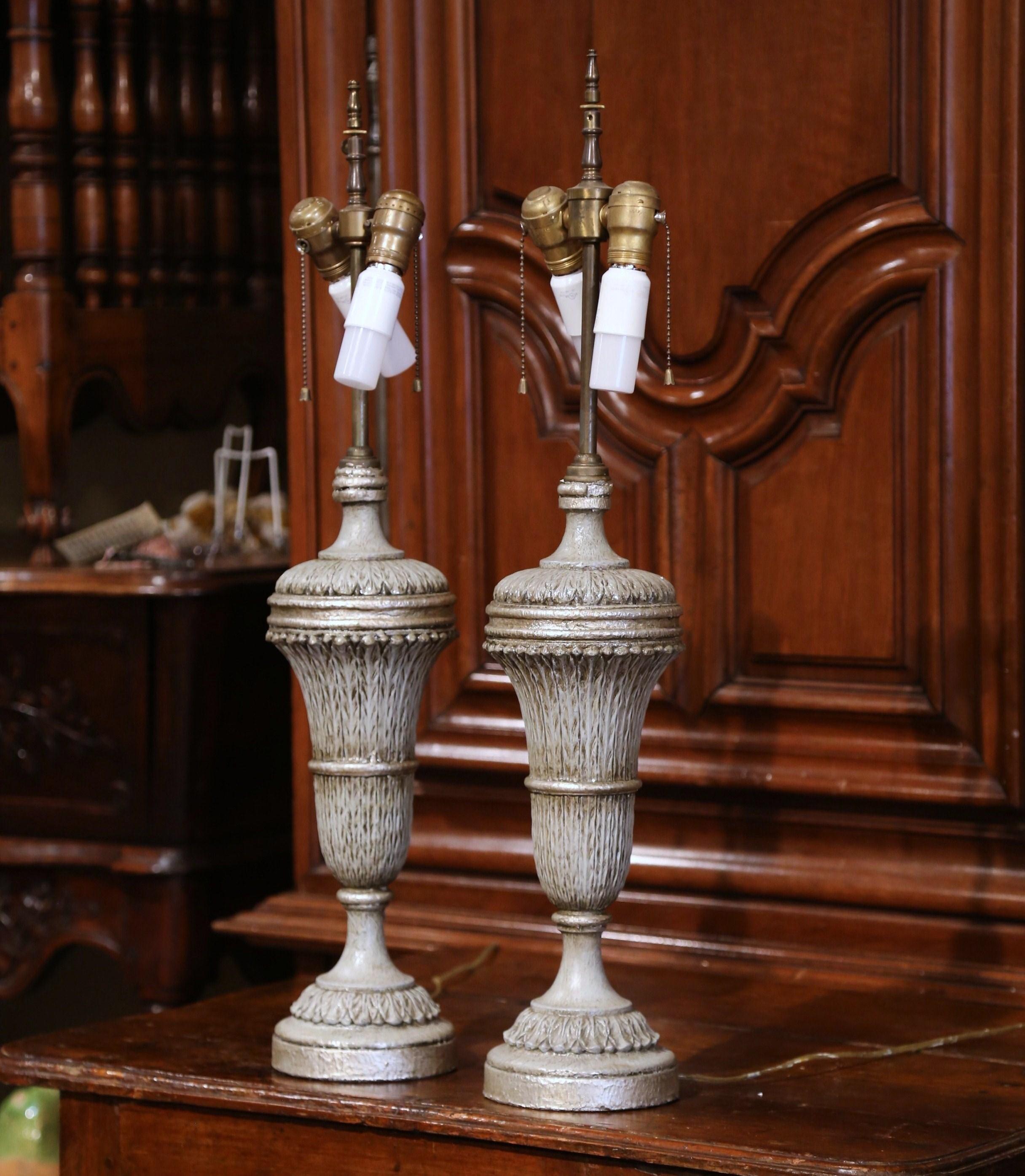 Pair of 19th Century Carved Painted Table Lamps with Custom Shades In Excellent Condition In Dallas, TX