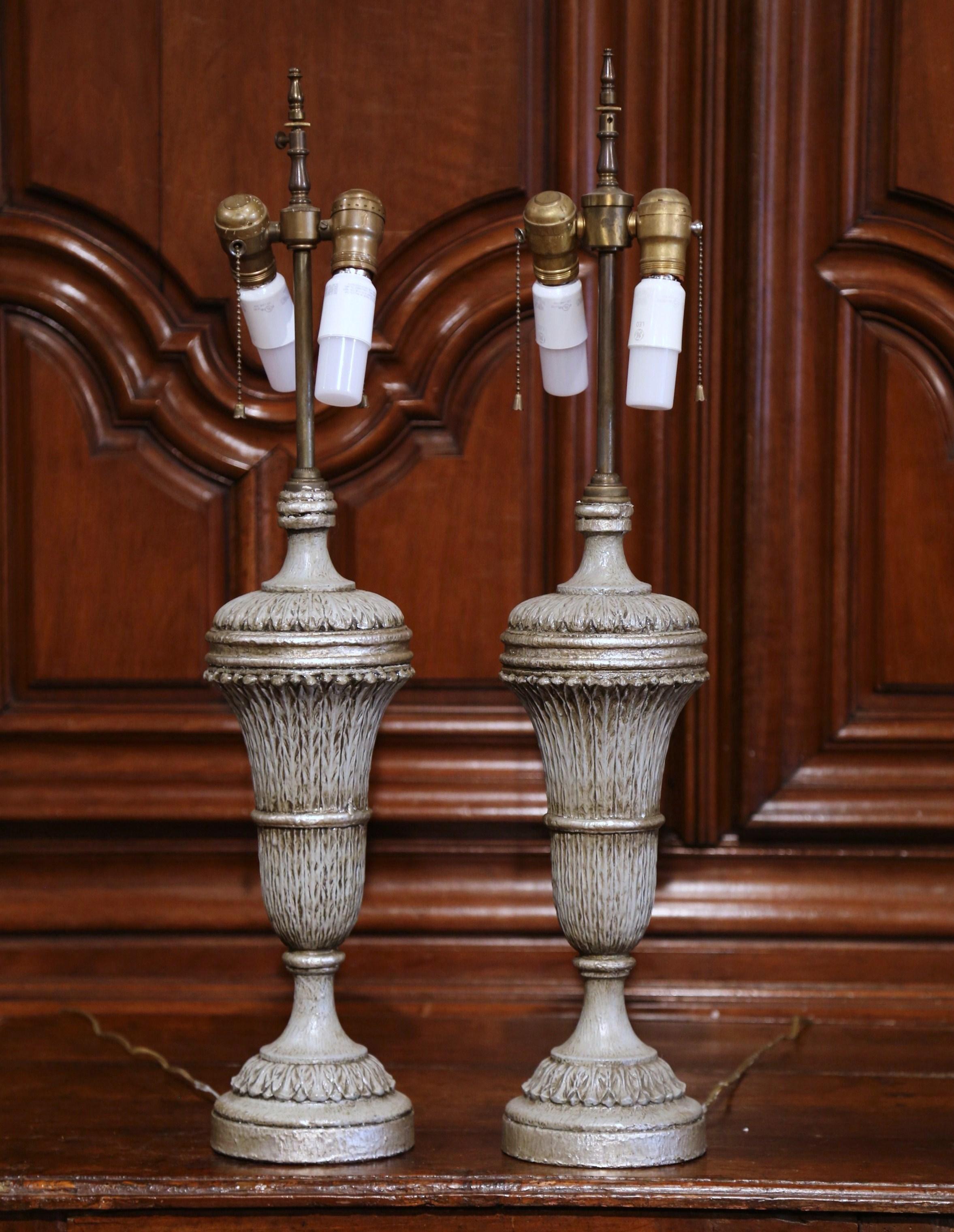 Brass Pair of 19th Century Carved Painted Table Lamps with Custom Shades