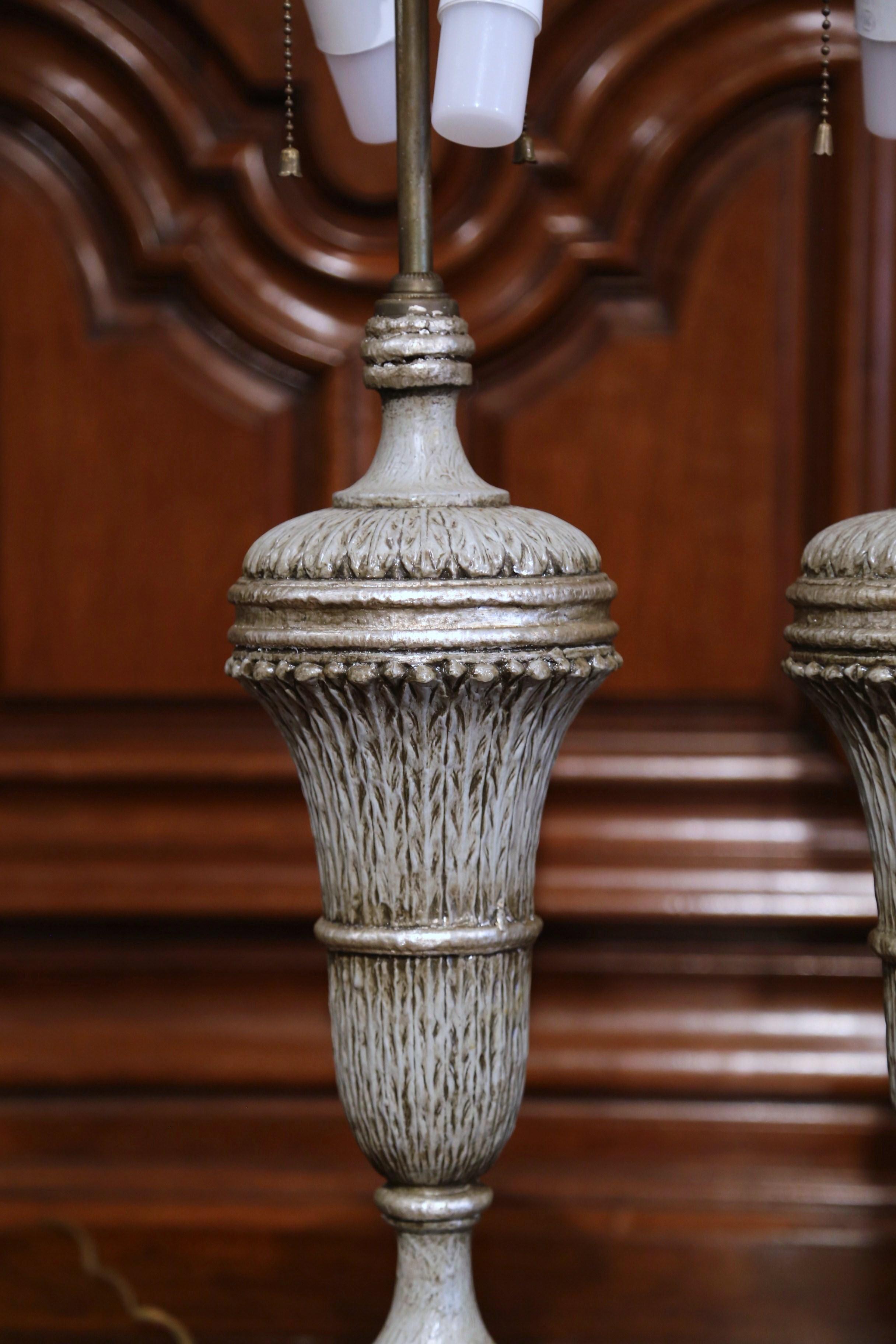 Pair of 19th Century Carved Painted Table Lamps with Custom Shades 1