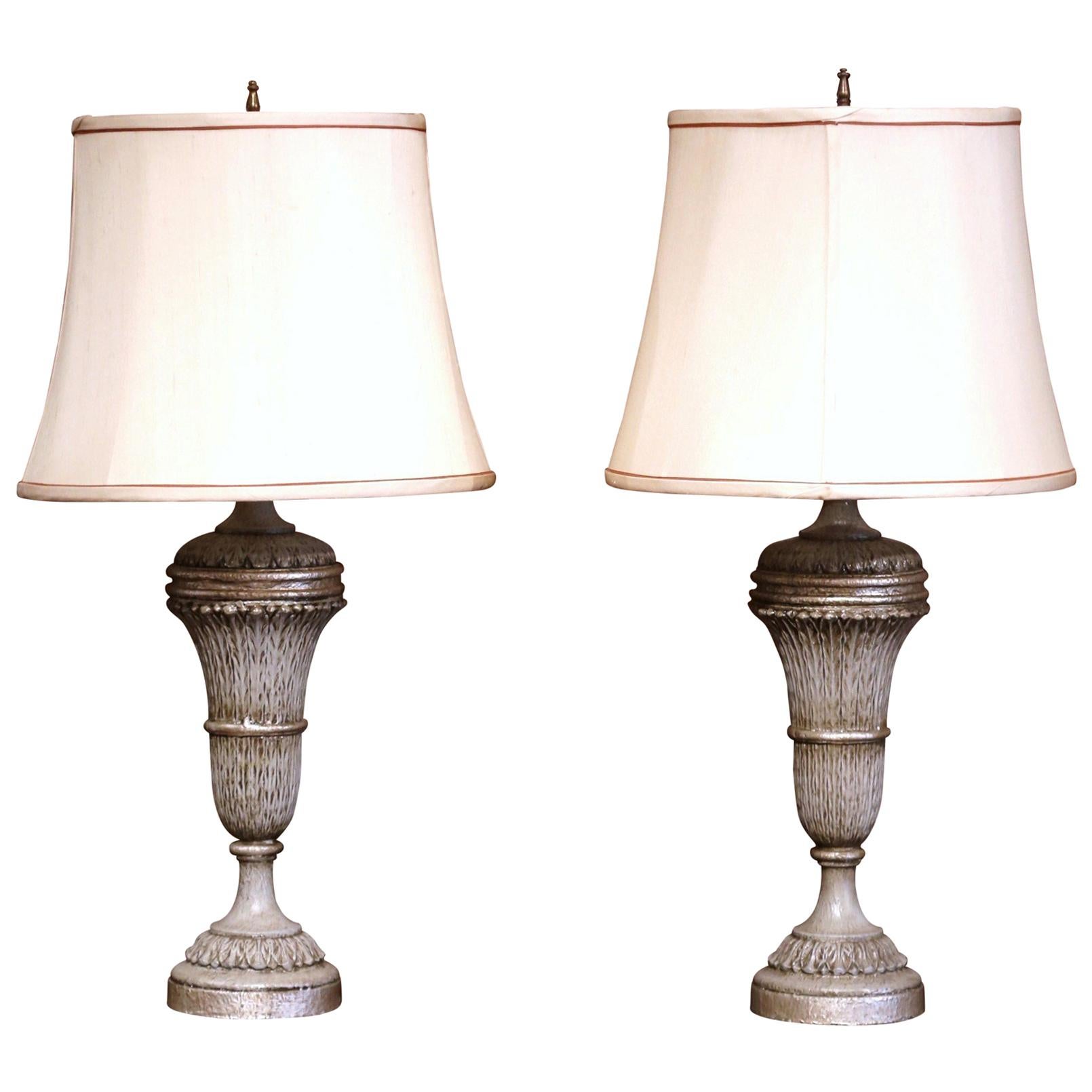 Pair of 19th Century Carved Painted Table Lamps with Custom Shades