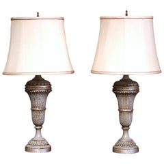 Pair of 19th Century Carved Painted Table Lamps with Custom Shades