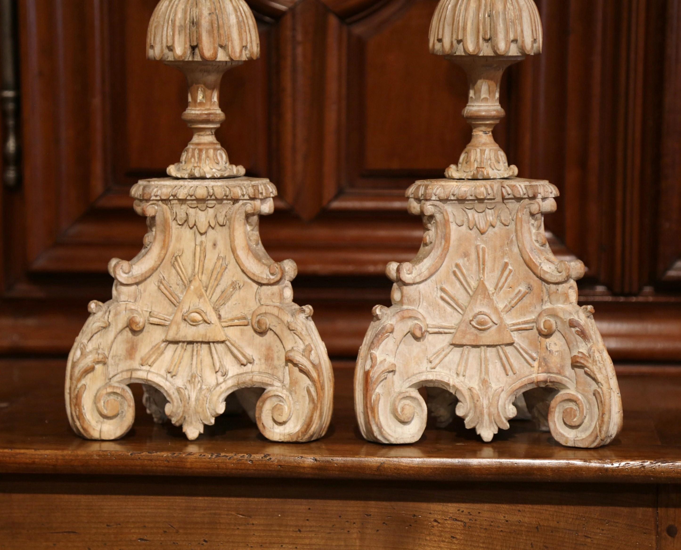 Louis XV Pair of 19th Century Carved Pricket Candleholders and Carved Eye of Providence