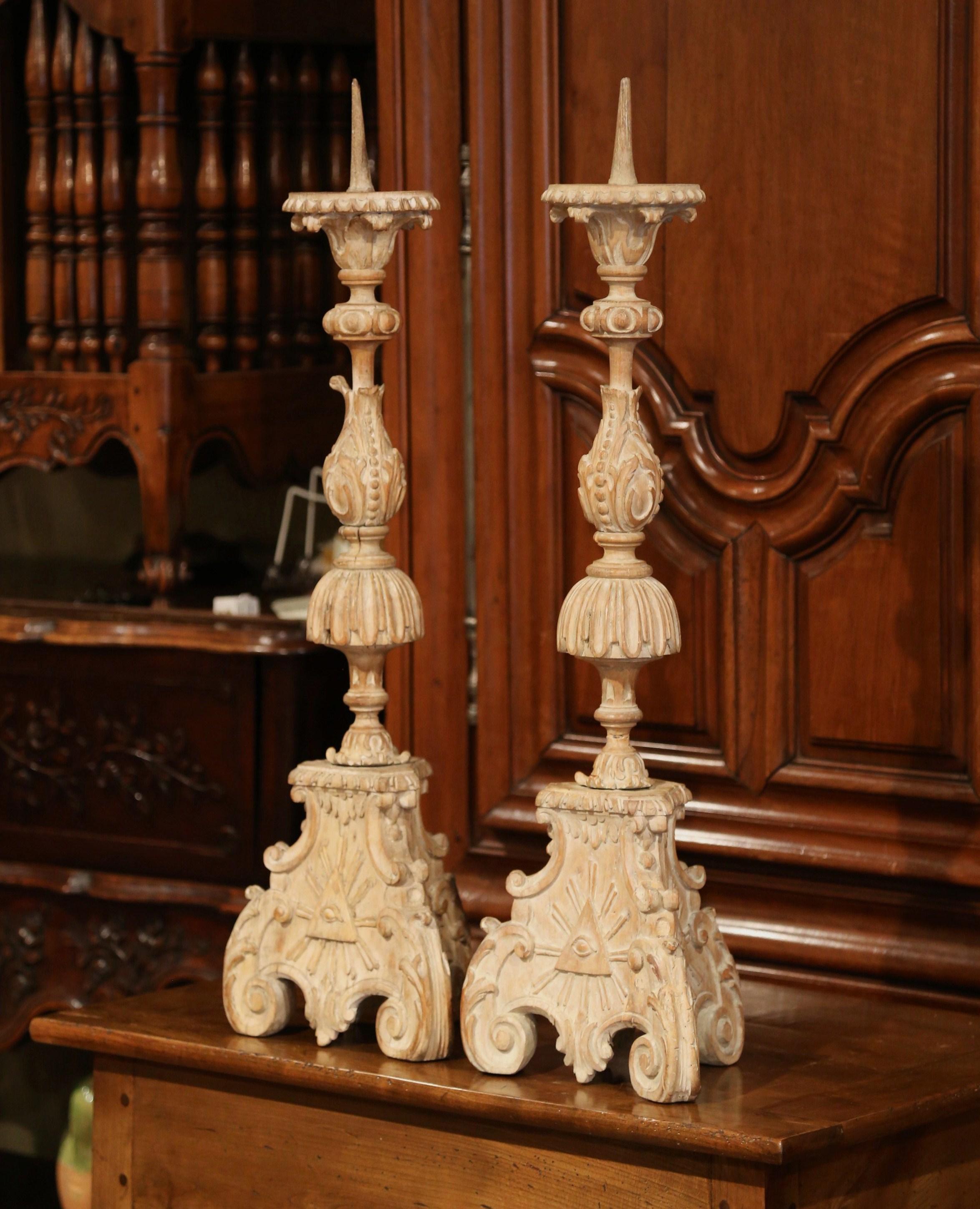 Hand-Carved Pair of 19th Century Carved Pricket Candleholders and Carved Eye of Providence