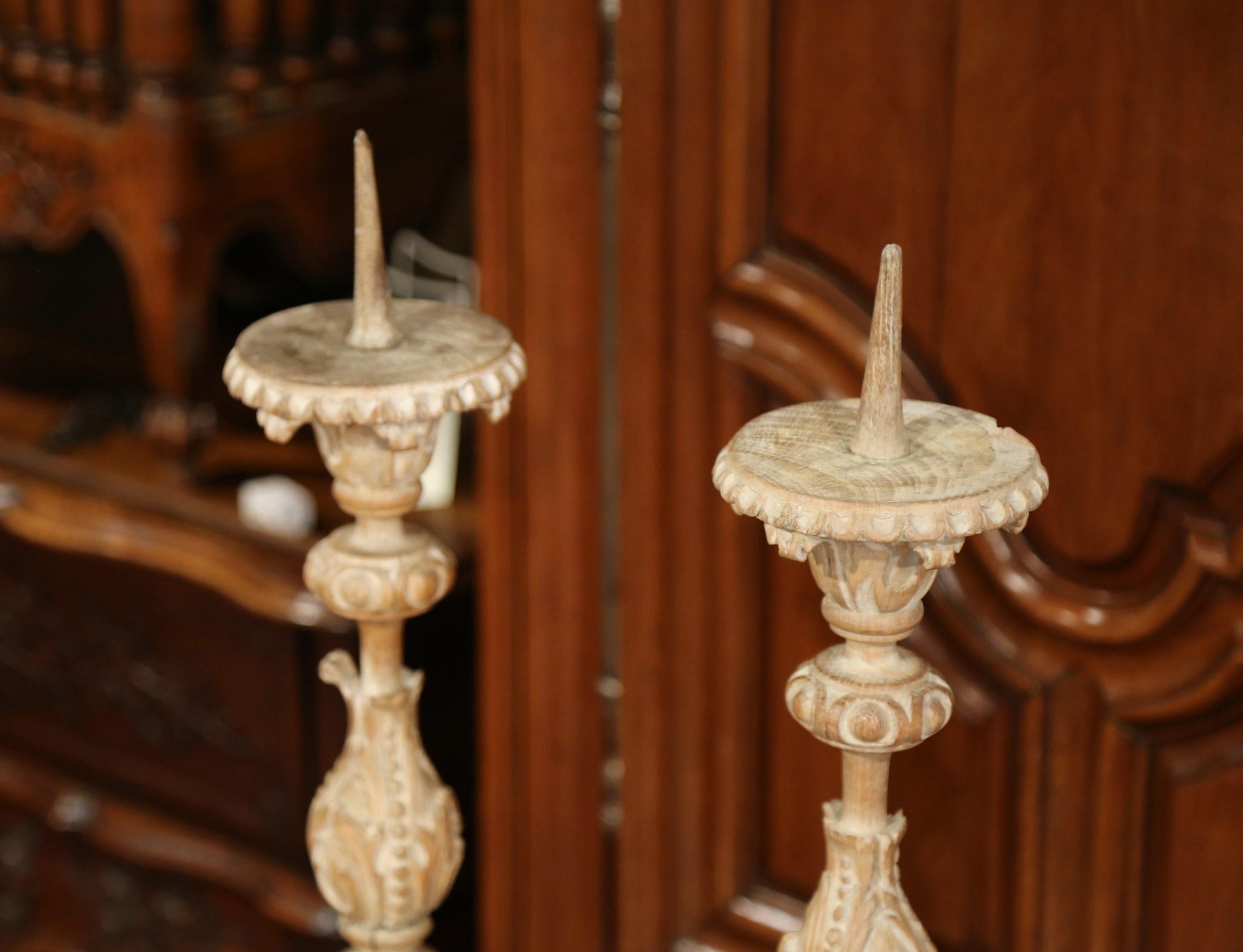 Pair of 19th Century Carved Pricket Candleholders and Carved Eye of Providence In Good Condition In Dallas, TX
