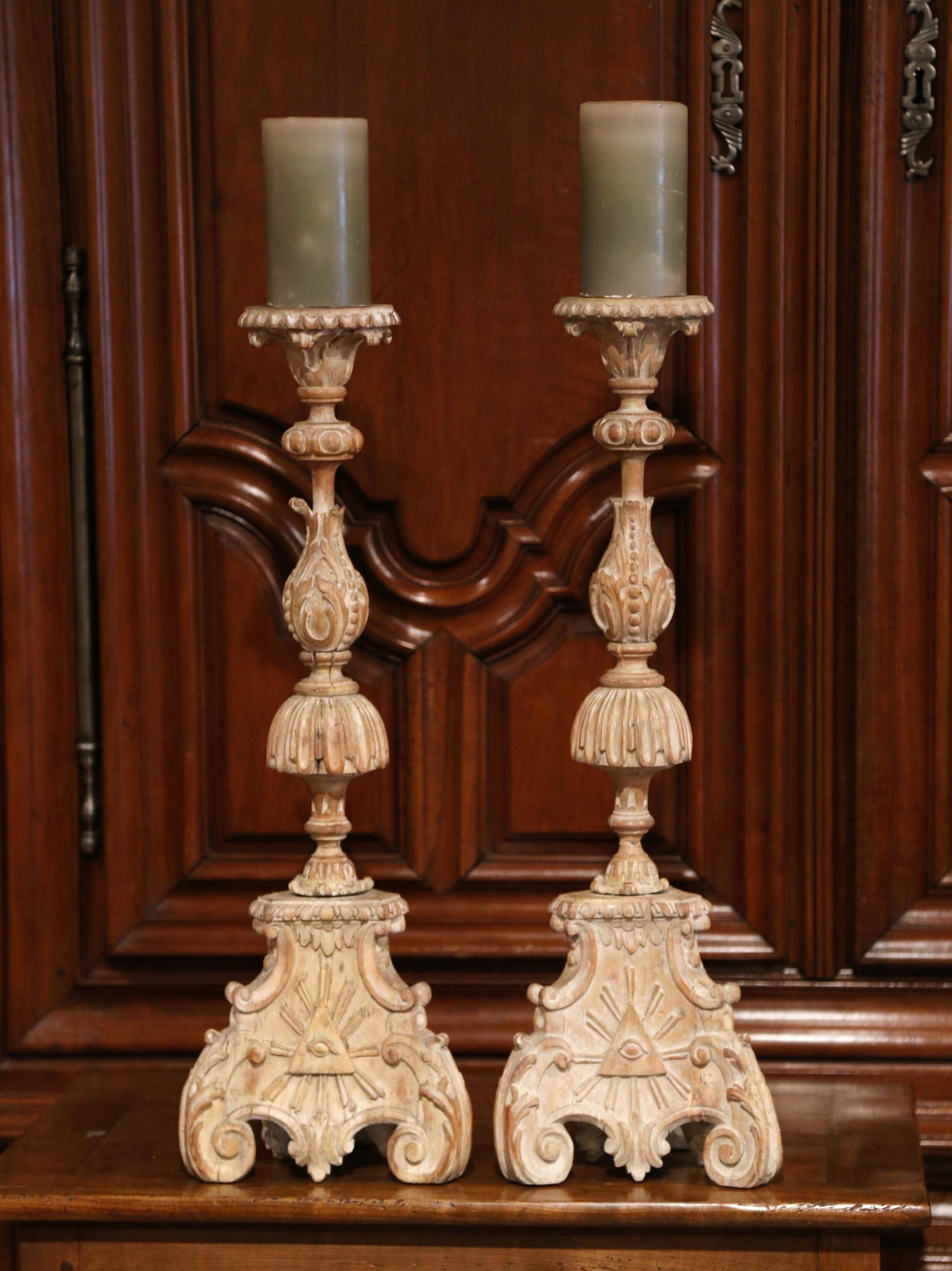 Walnut Pair of 19th Century Carved Pricket Candleholders and Carved Eye of Providence
