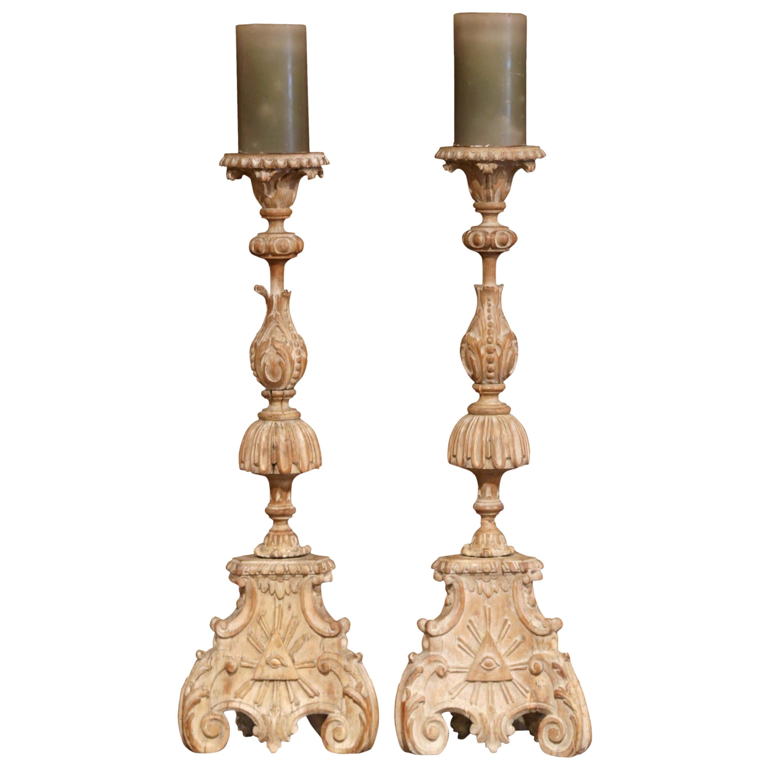 Pair of 19th Century Carved Pricket Candleholders and Carved Eye of Providence