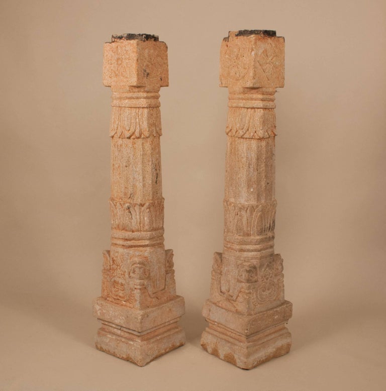 Pair of 19th Century Carved Stone Pillars For Sale at 1stdibs