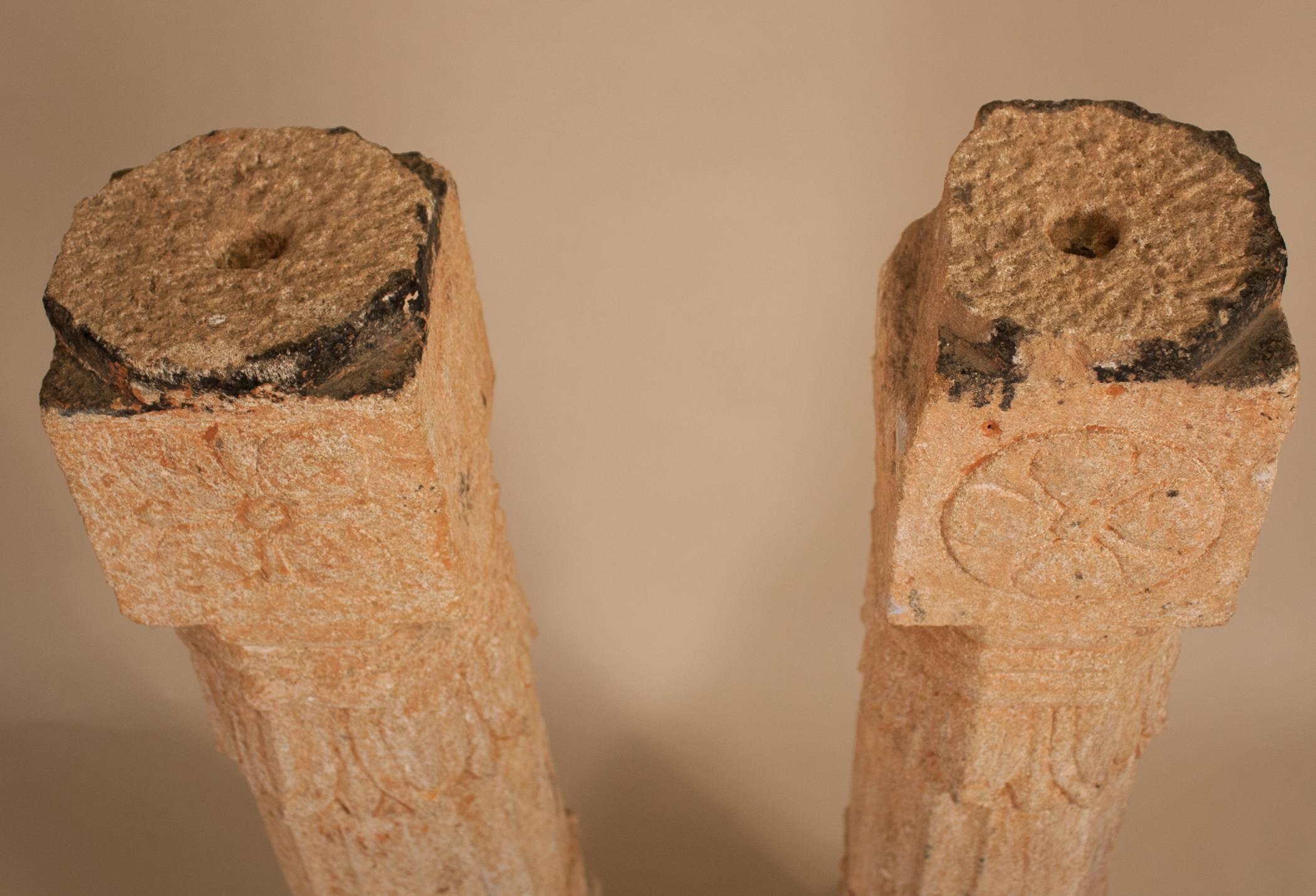 Anglo Raj Pair of 19th Century Carved Stone Pillar Columns
