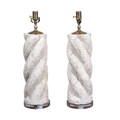 Pair of 19th Century Carved Stone Spiral Column Lamps on Lucite Bases