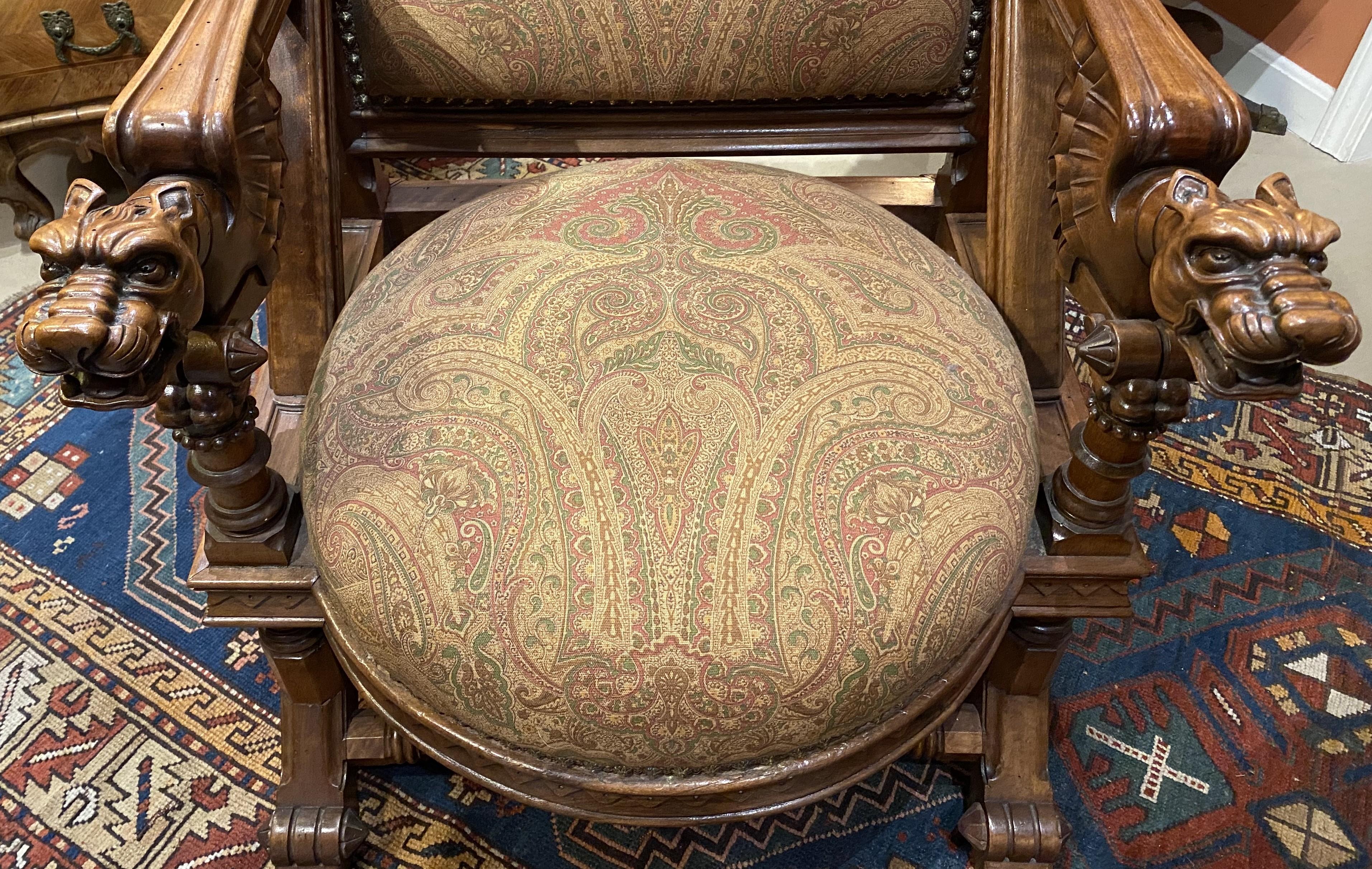 Pair of 19th Century Carved Upholstered Chairs with Griffin Arms 4