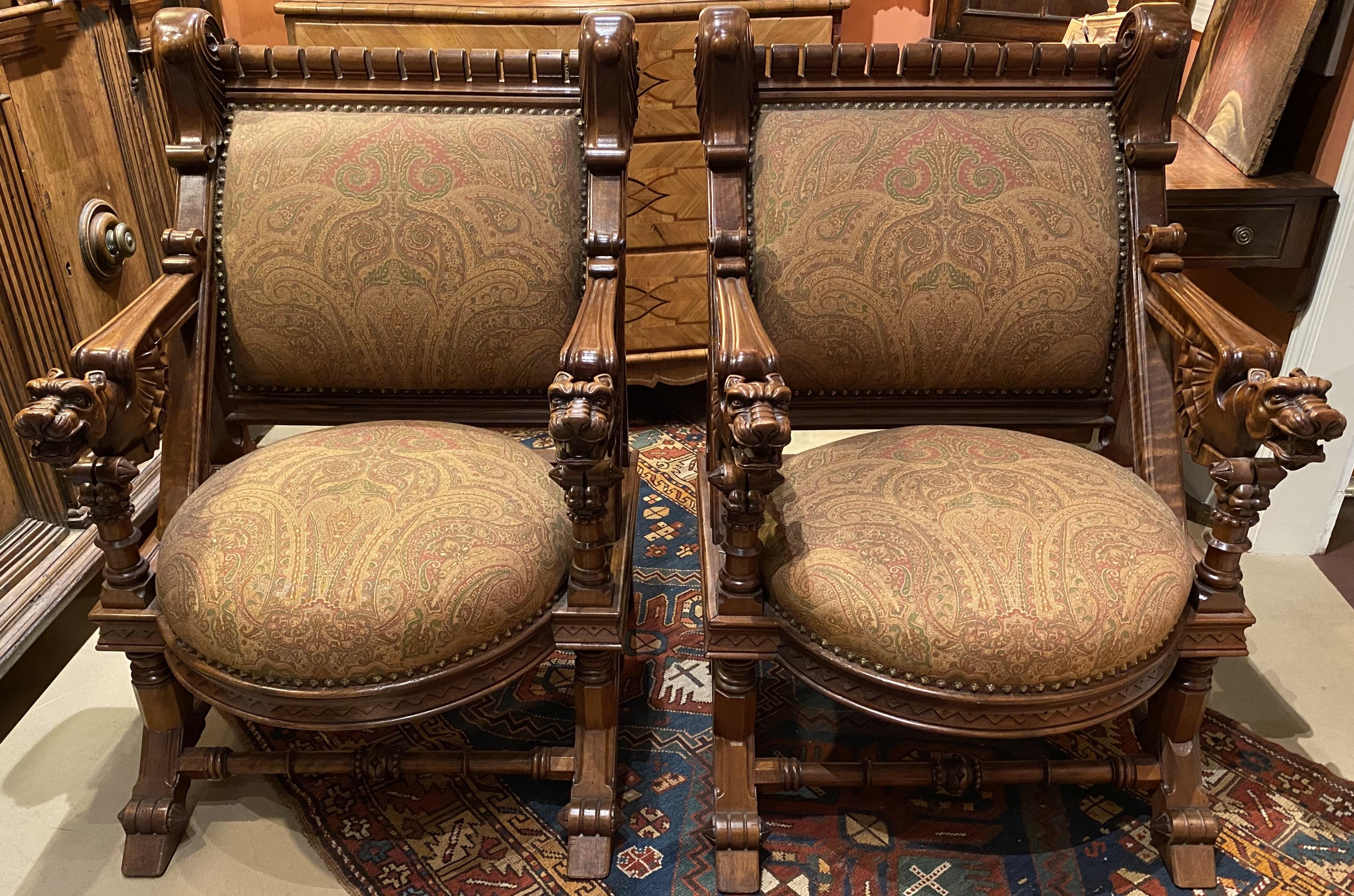 Victorian Pair of 19th Century Carved Upholstered Chairs with Griffin Arms