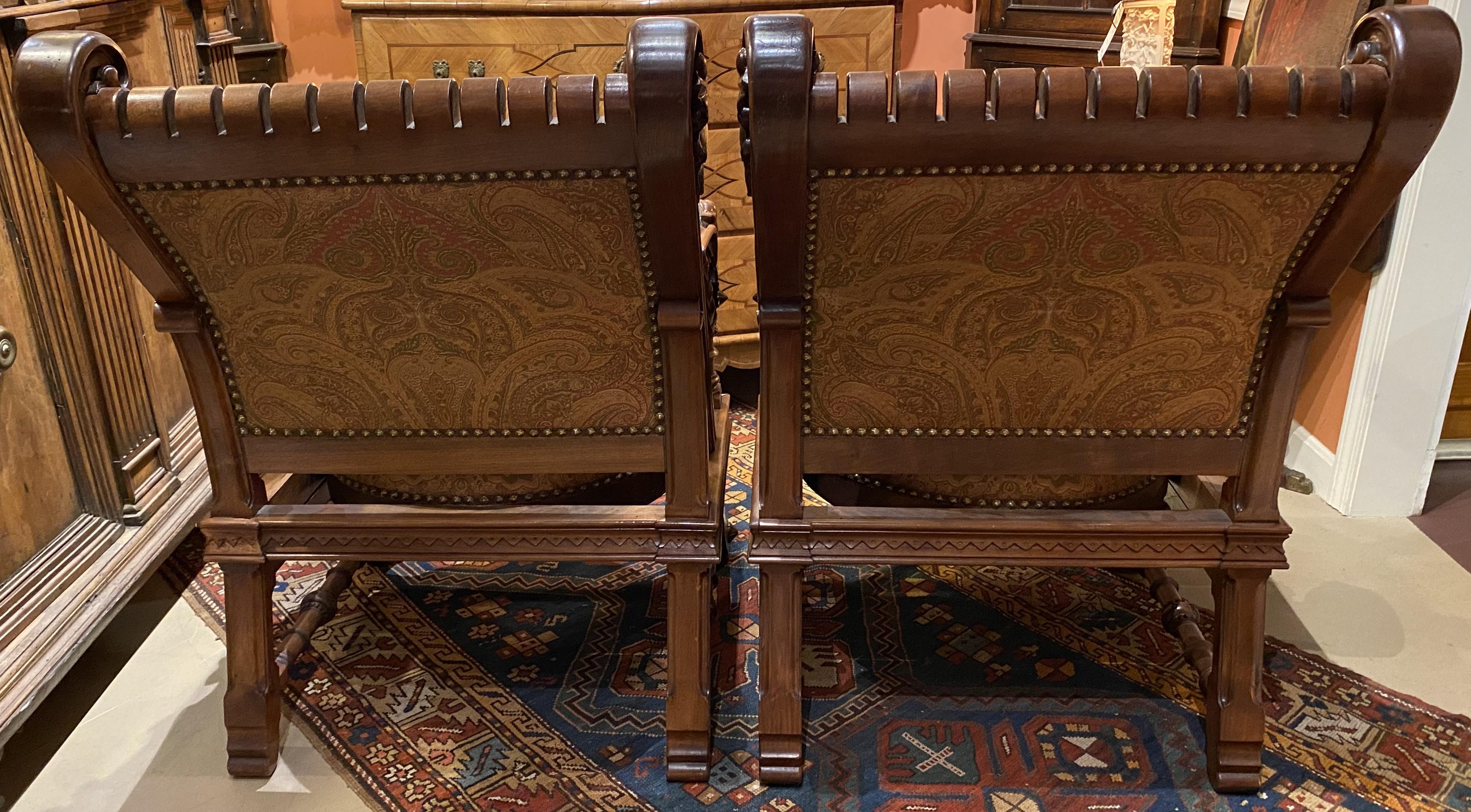 Hand-Carved Pair of 19th Century Carved Upholstered Chairs with Griffin Arms