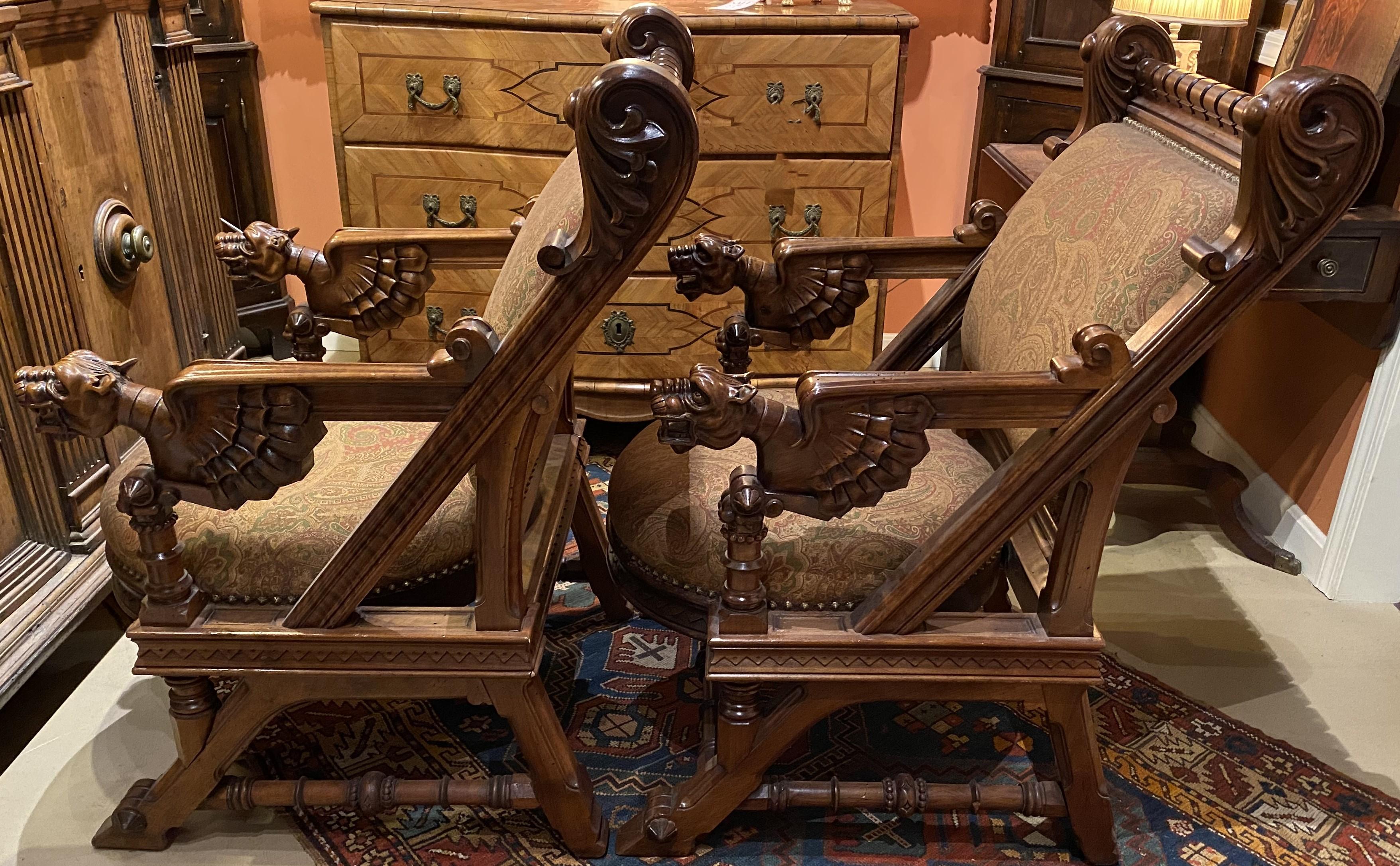 Pair of 19th Century Carved Upholstered Chairs with Griffin Arms In Good Condition In Milford, NH