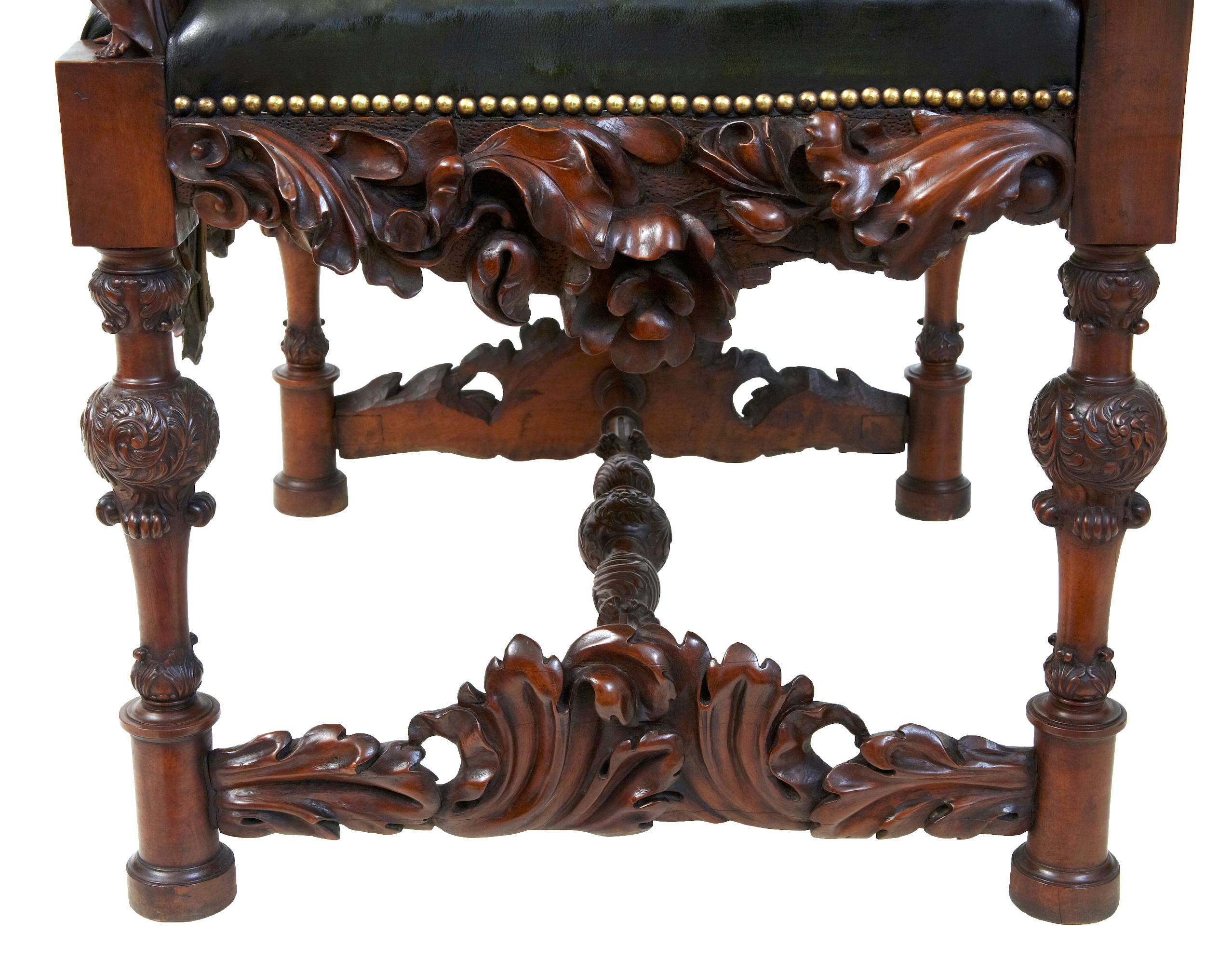 Pair of 19th Century Carved Walnut Florentine Renaissance Revival Armchairs 7