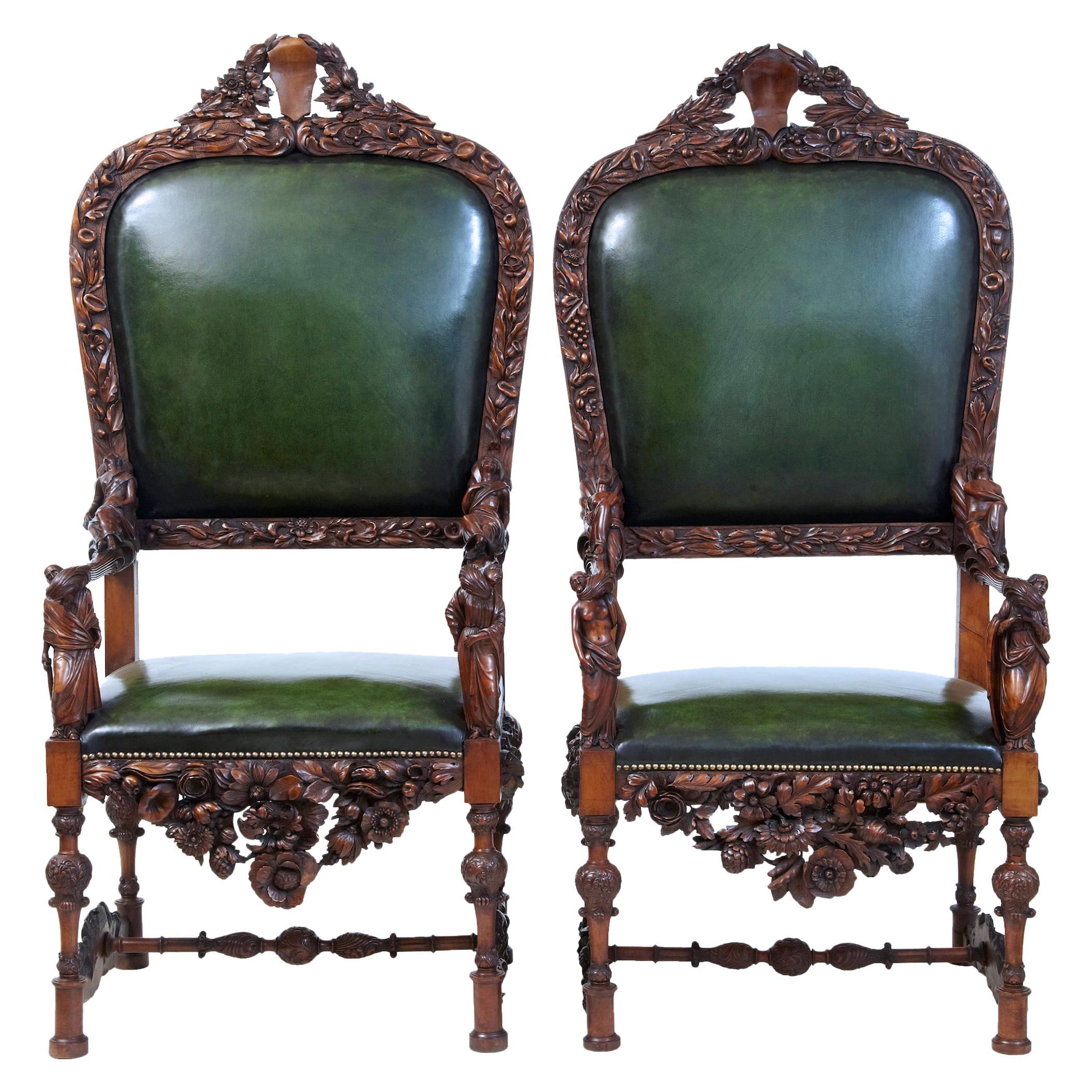 Pair of 19th Century Carved Walnut Florentine Renaissance Revival Armchairs