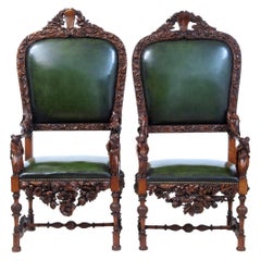 Pair of 19th Century Carved Walnut Florentine Renaissance Revival Armchairs