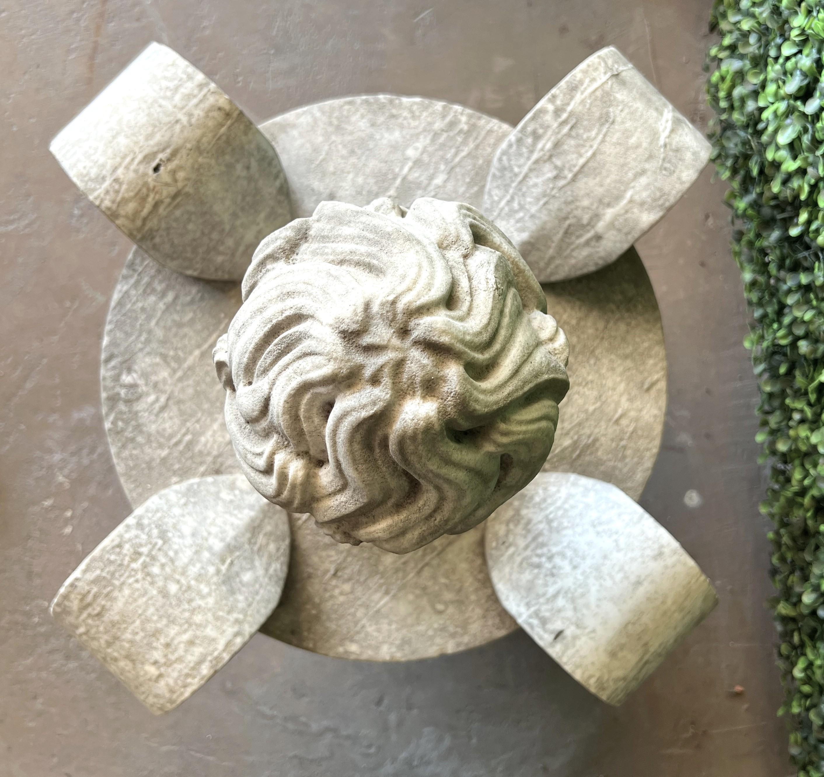 More information coming soon…

Hand-carved in the 1800s in France, this pair of marble finial ornaments are highly stylized pot feu.  The flame tip rises above four volutes protrusions that terminate beneath the half-round vase form.  A leaf cup