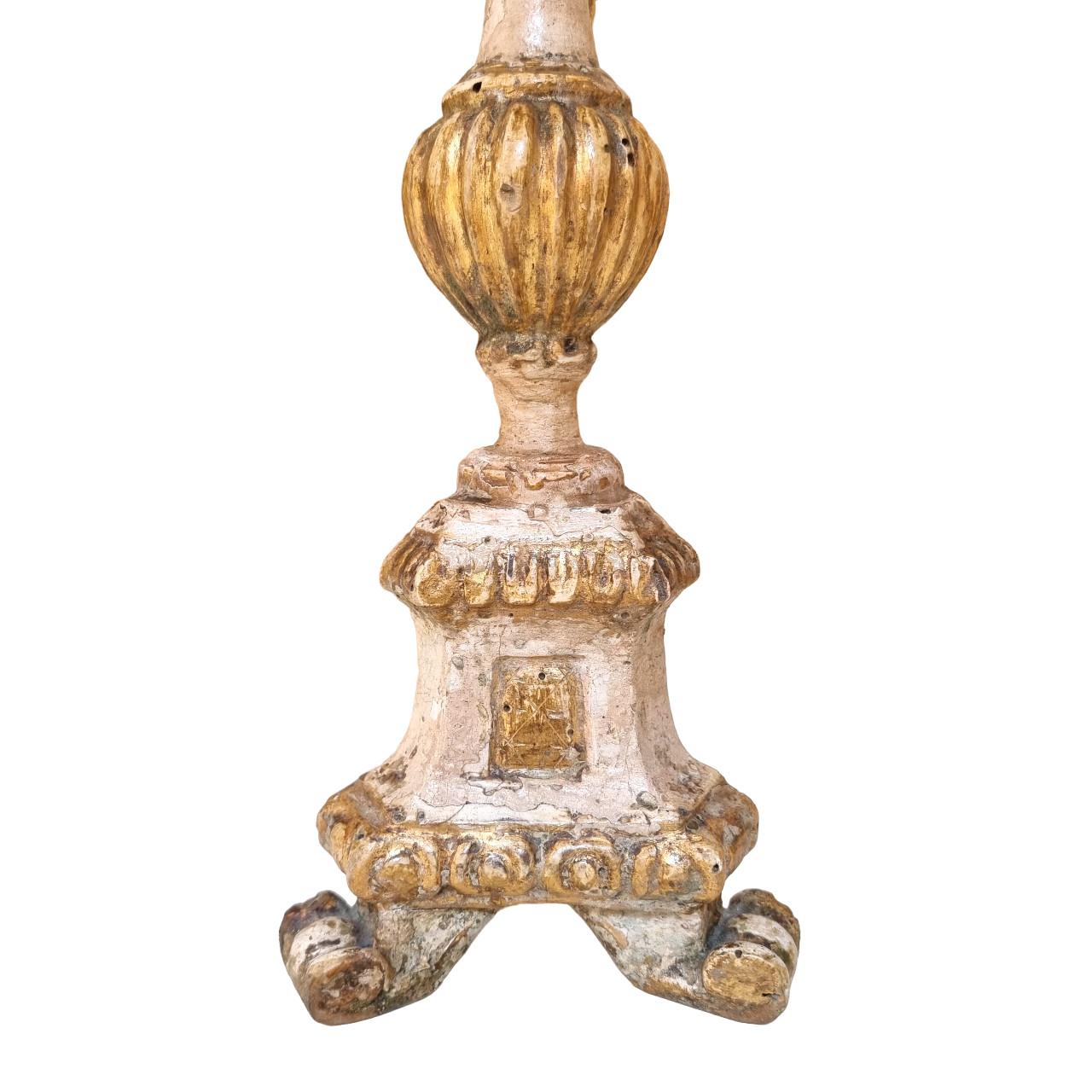 Neoclassical Pair of 19th Century Carved Wood Candlestick Table Lamps with Fortuny Lampshades