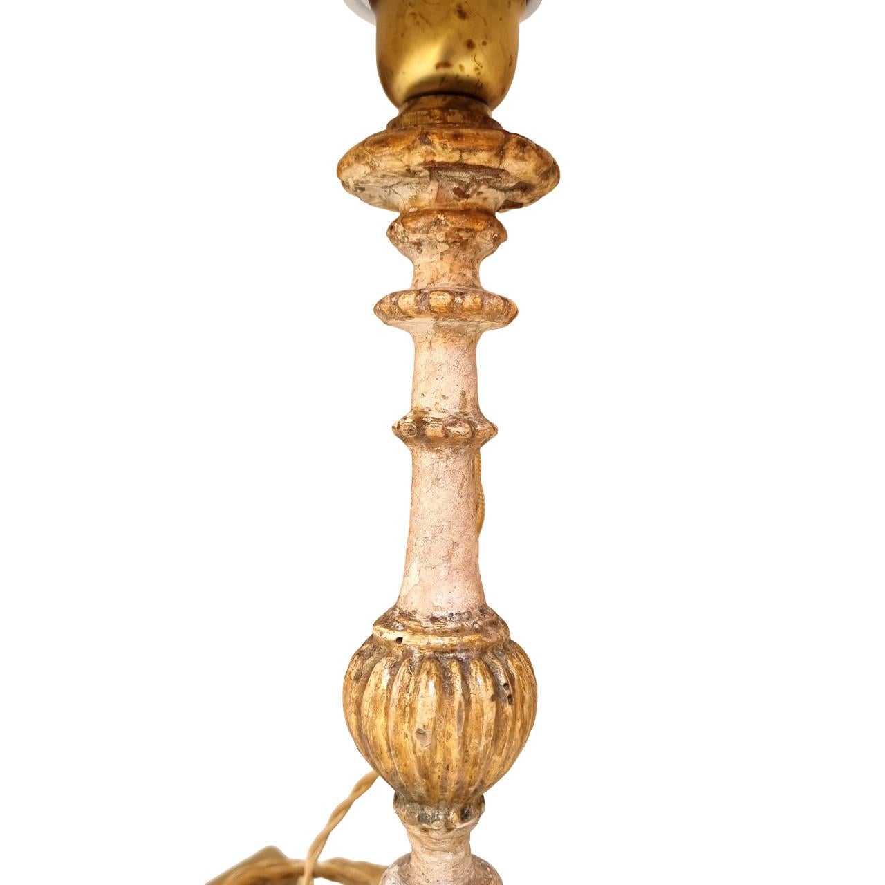Pair of 19th Century Carved Wood Candlestick Table Lamps with Fortuny Lampshades In Fair Condition In Venezia, IT