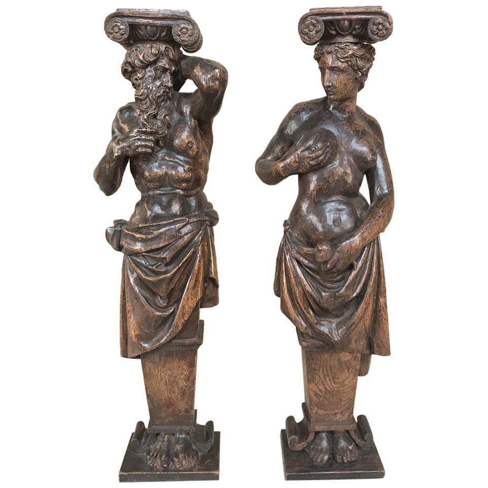 Pair of 19th Century Carved Wood Caryatid Sculptures
