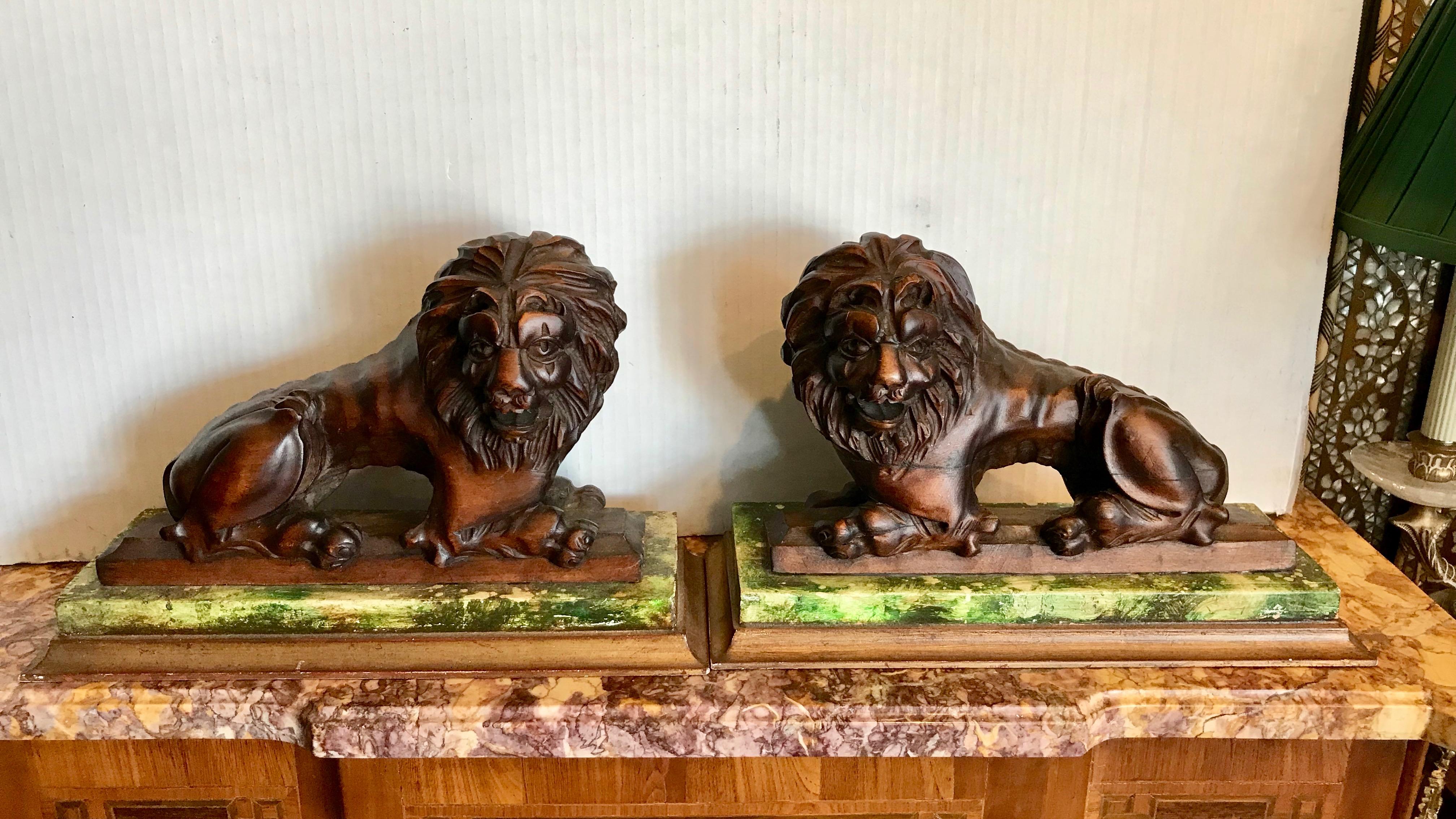 Italian Pair of 19th Century Carved Wood Lions
