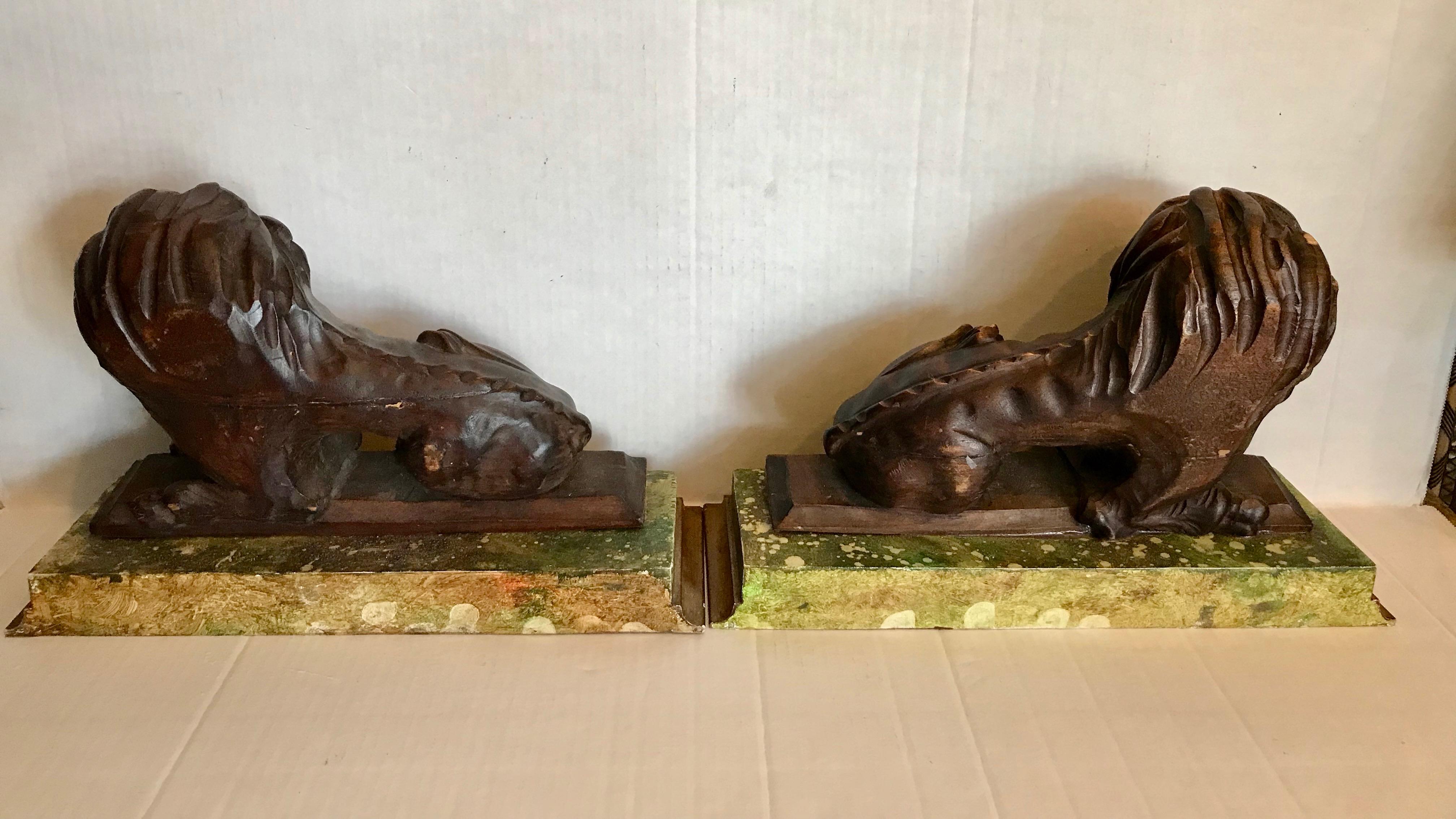 Pair of 19th Century Carved Wood Lions 1